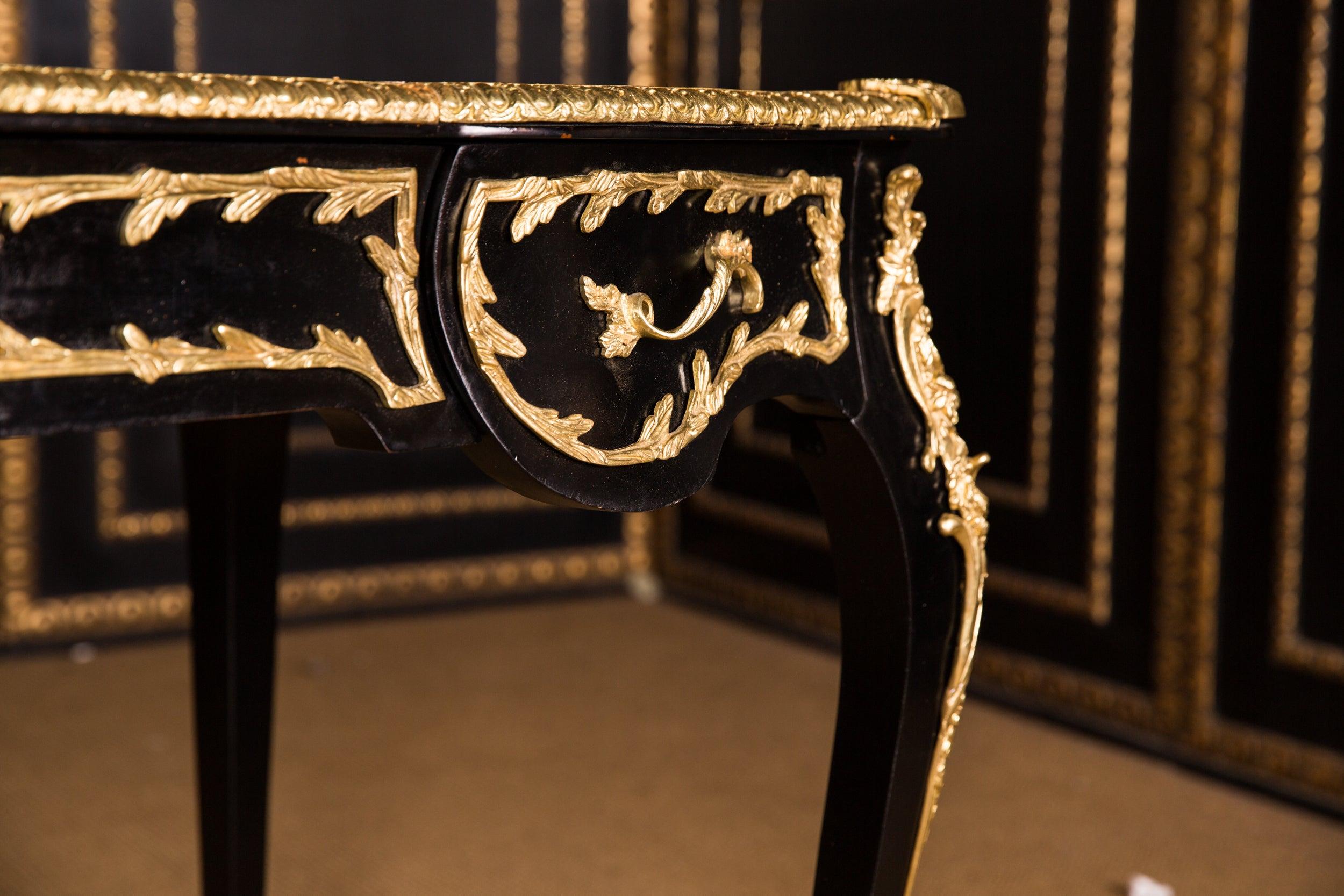 Polished 20th Century French Bureau Plat Desk in the Louis XV Style Black Ebonized Veneer For Sale