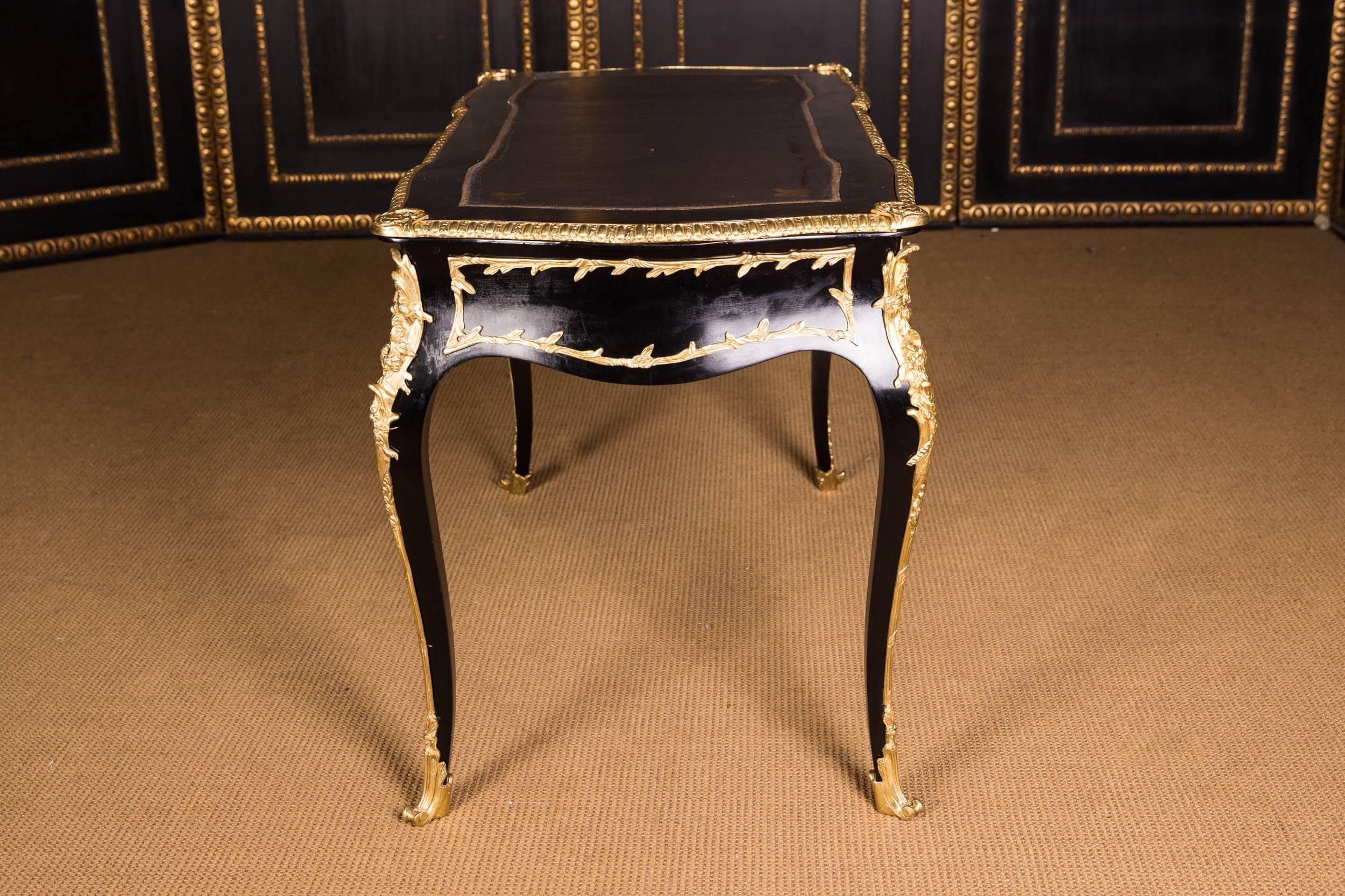 20th Century French Bureau Plat Desk in the Louis XV Style Black Ebonized Veneer 3