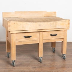 20th Century French Butcher Block Table on Casters