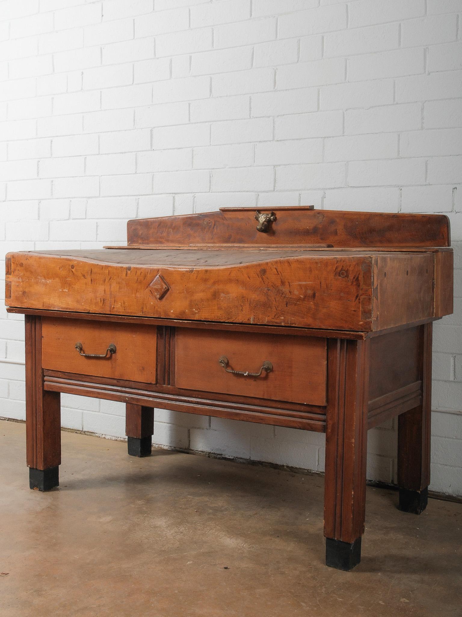 Rustic 20th Century French Butcher’s Block Table With Bull’s Head Mount For Sale