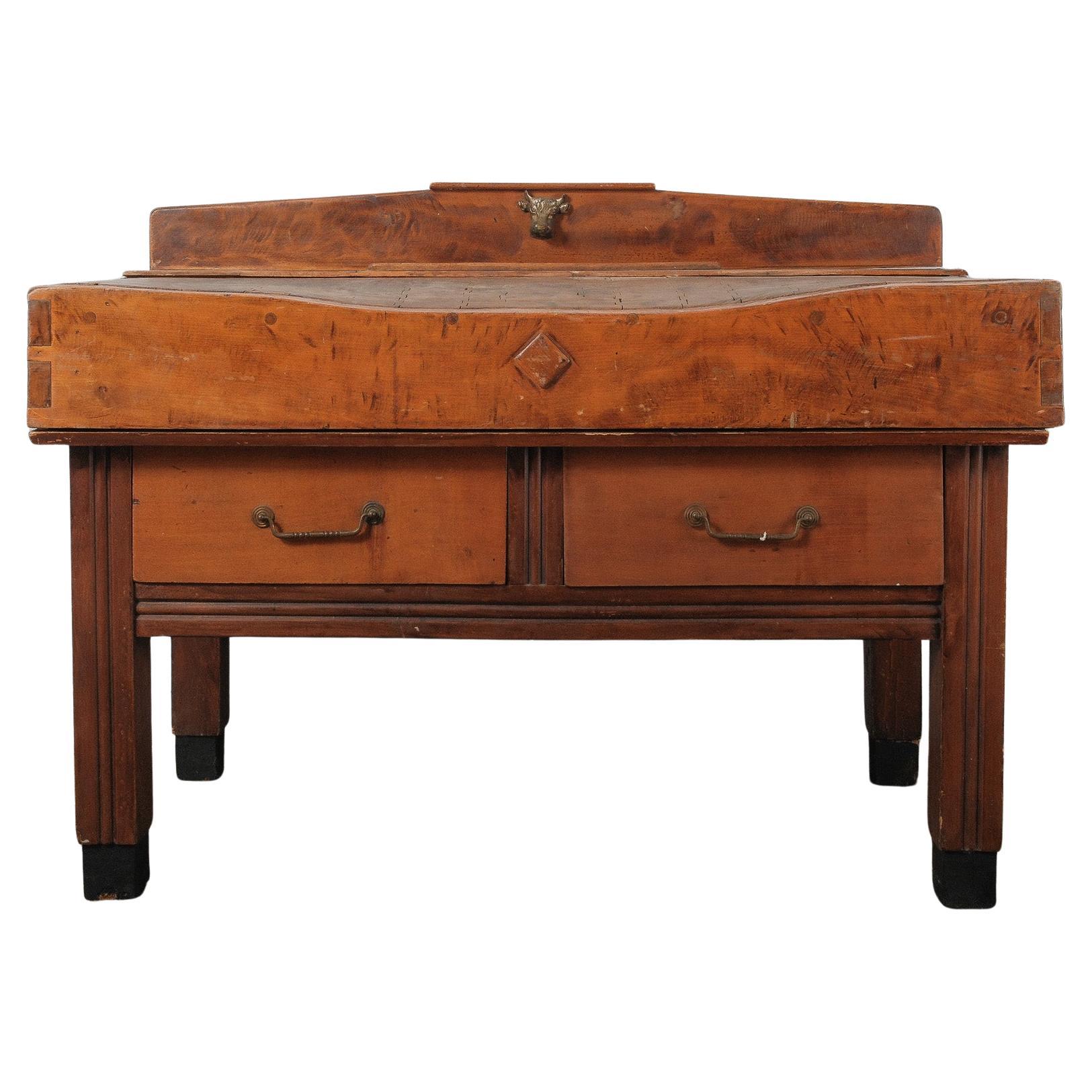 20th Century French Butcher’s Block Table With Bull’s Head Mount