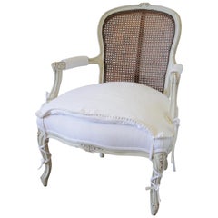 20th Century French Cane Back Open Armchair with Linen Slip Cover