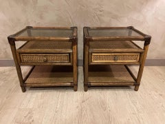 20th Century French Caned and Bamboo Pair of Side Table, 1960s