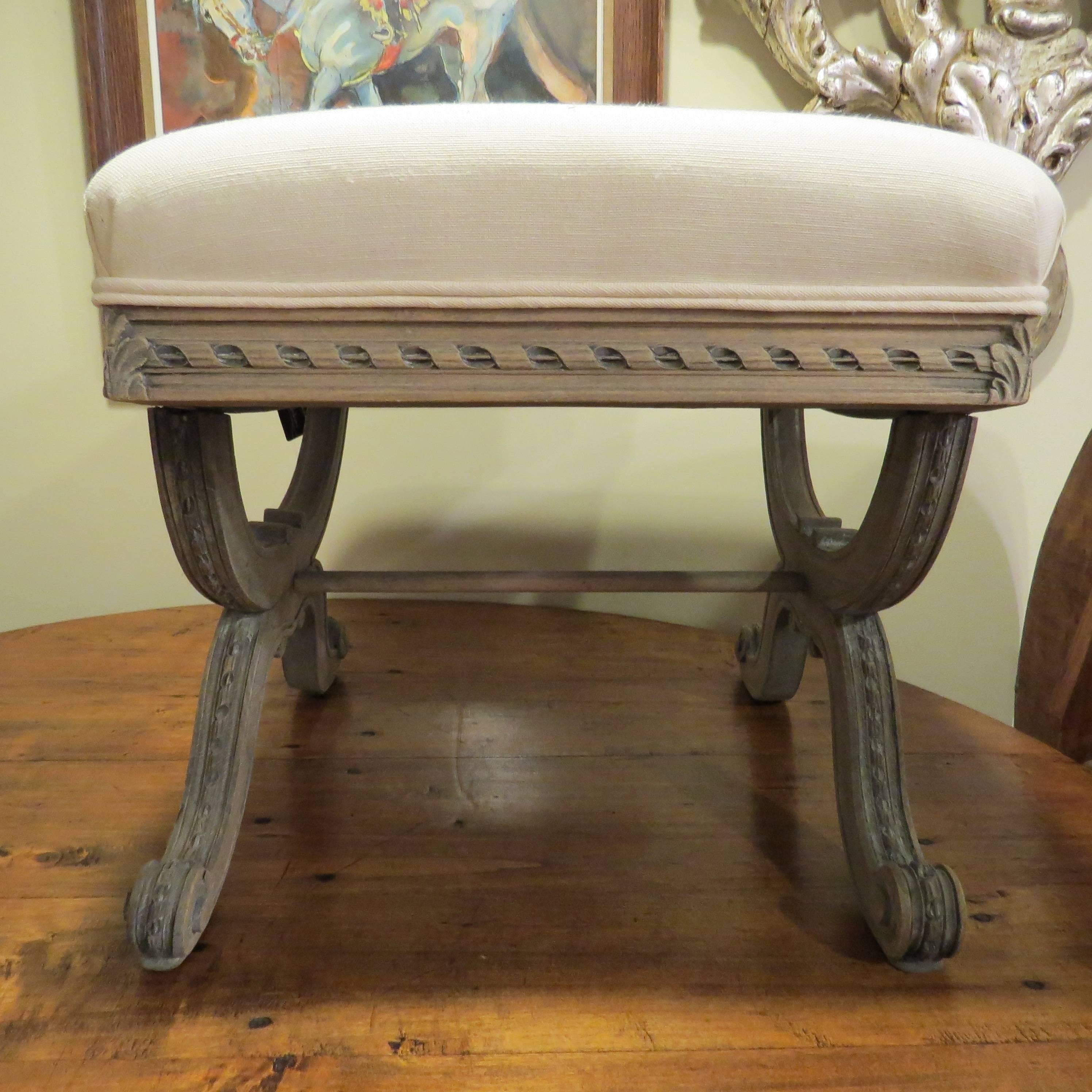 20th Century French Carved, Painted Base Ottoman with Upholstered Top In Good Condition For Sale In Tulsa, OK