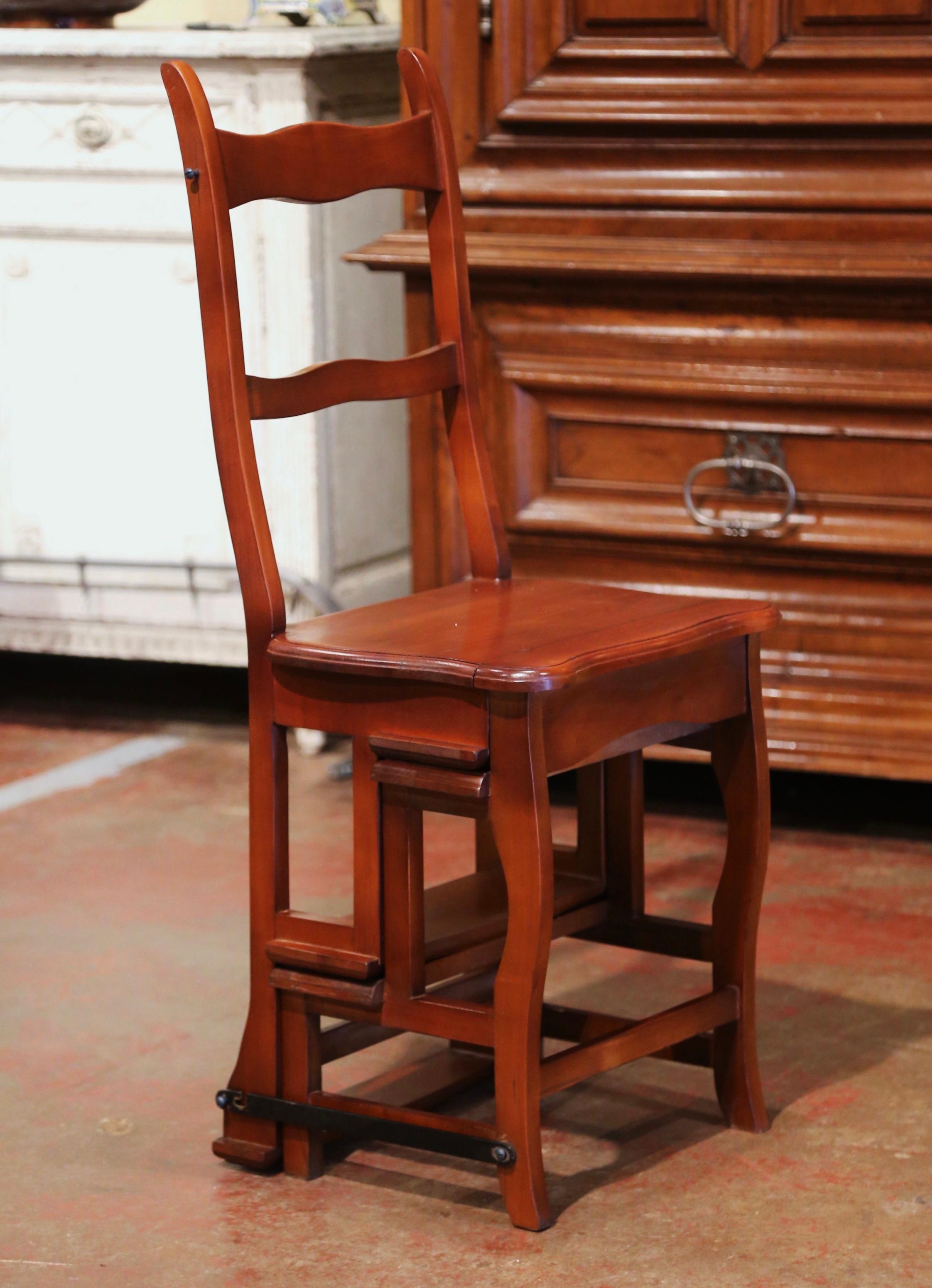 Decorate a library or study with this artisan-made folding step ladder chair. Crafted in Southern France circa 1960, the metamorphic chair features two carved ladders in the back; the double-function piece is hinged so that it can convert into a