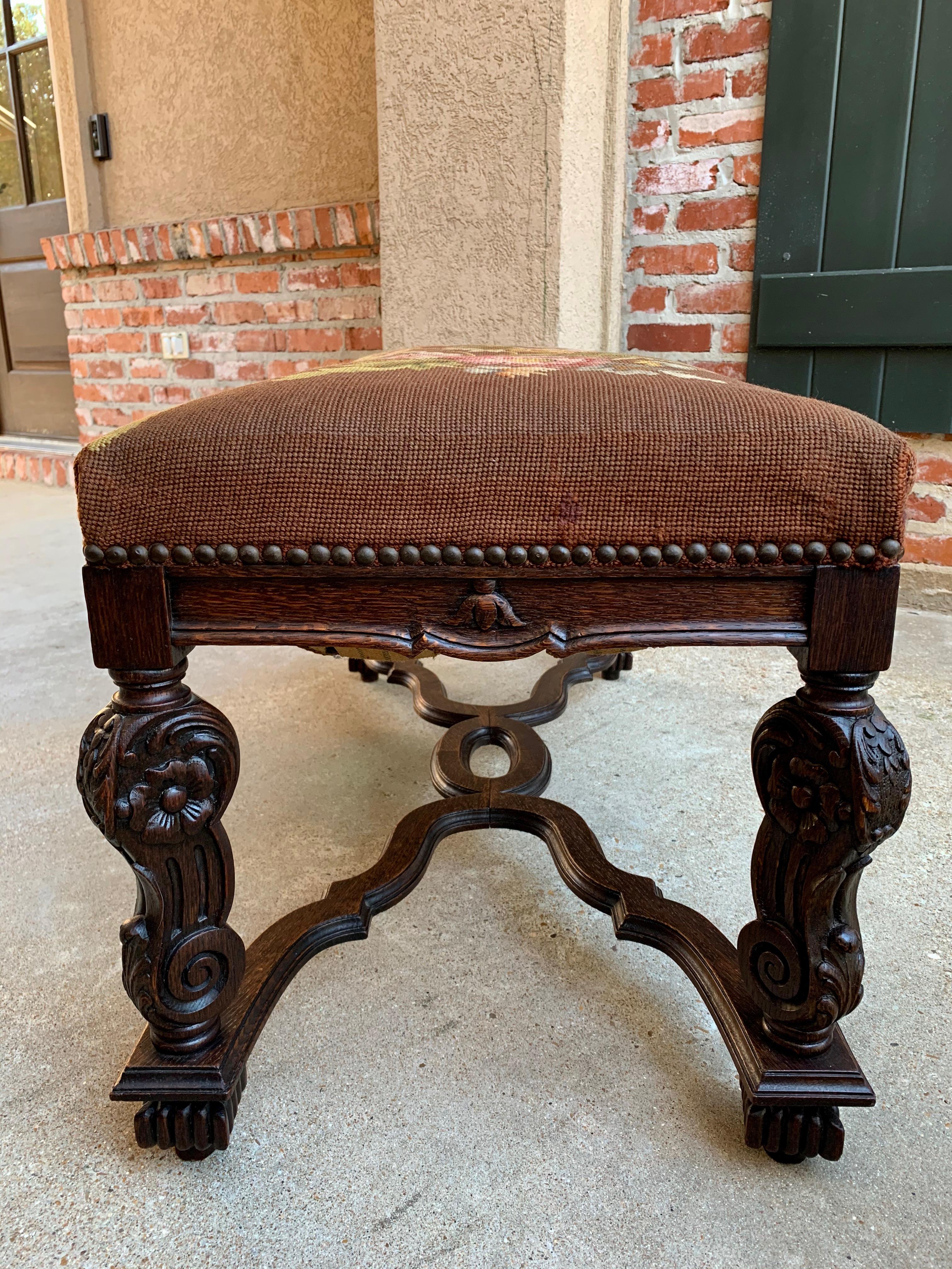 Late 19th Century 20th Century French Carved Oak Bench Stool Louis XV Style Needlepoint Ottoman