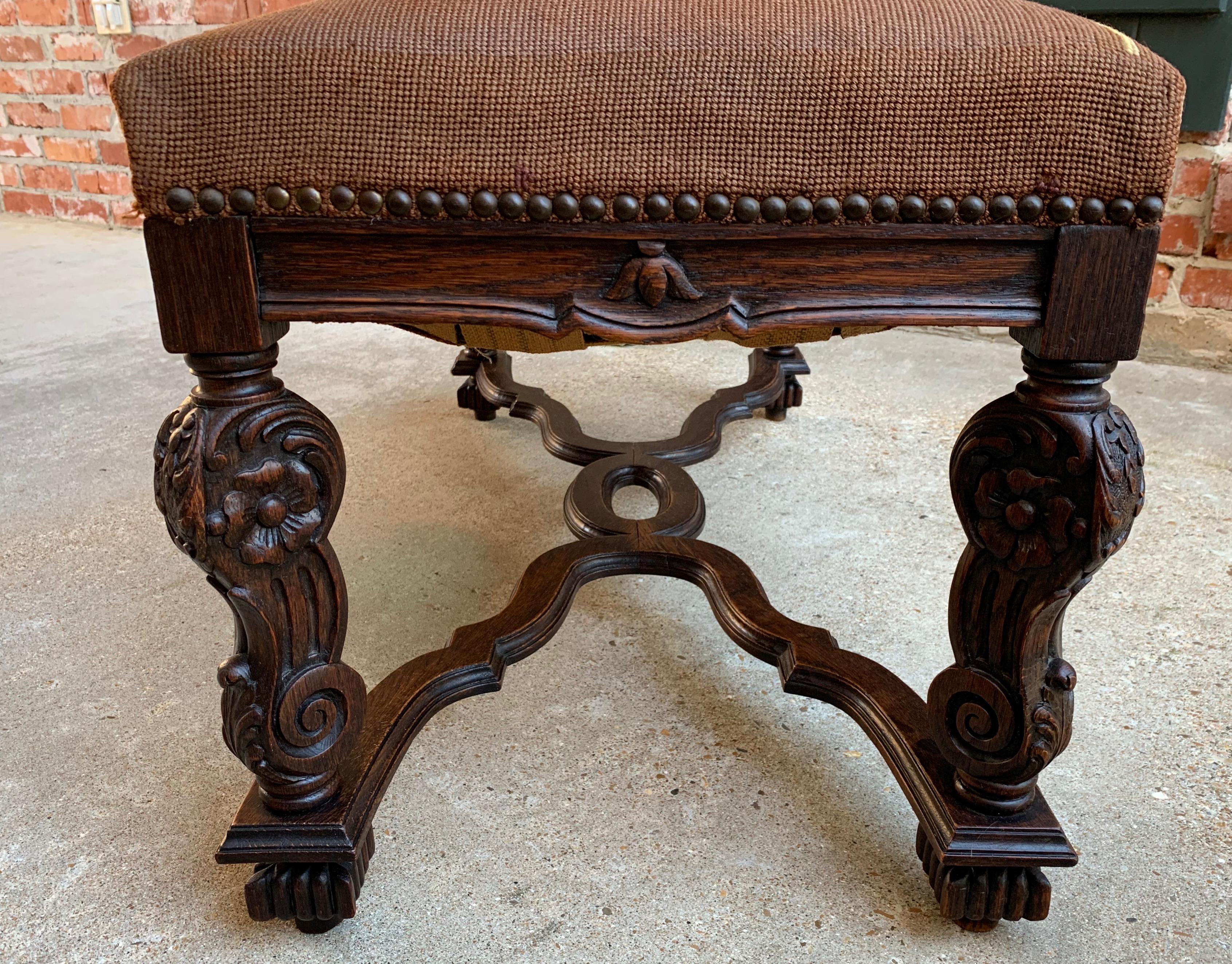 Wood 20th Century French Carved Oak Bench Stool Louis XV Style Needlepoint Ottoman