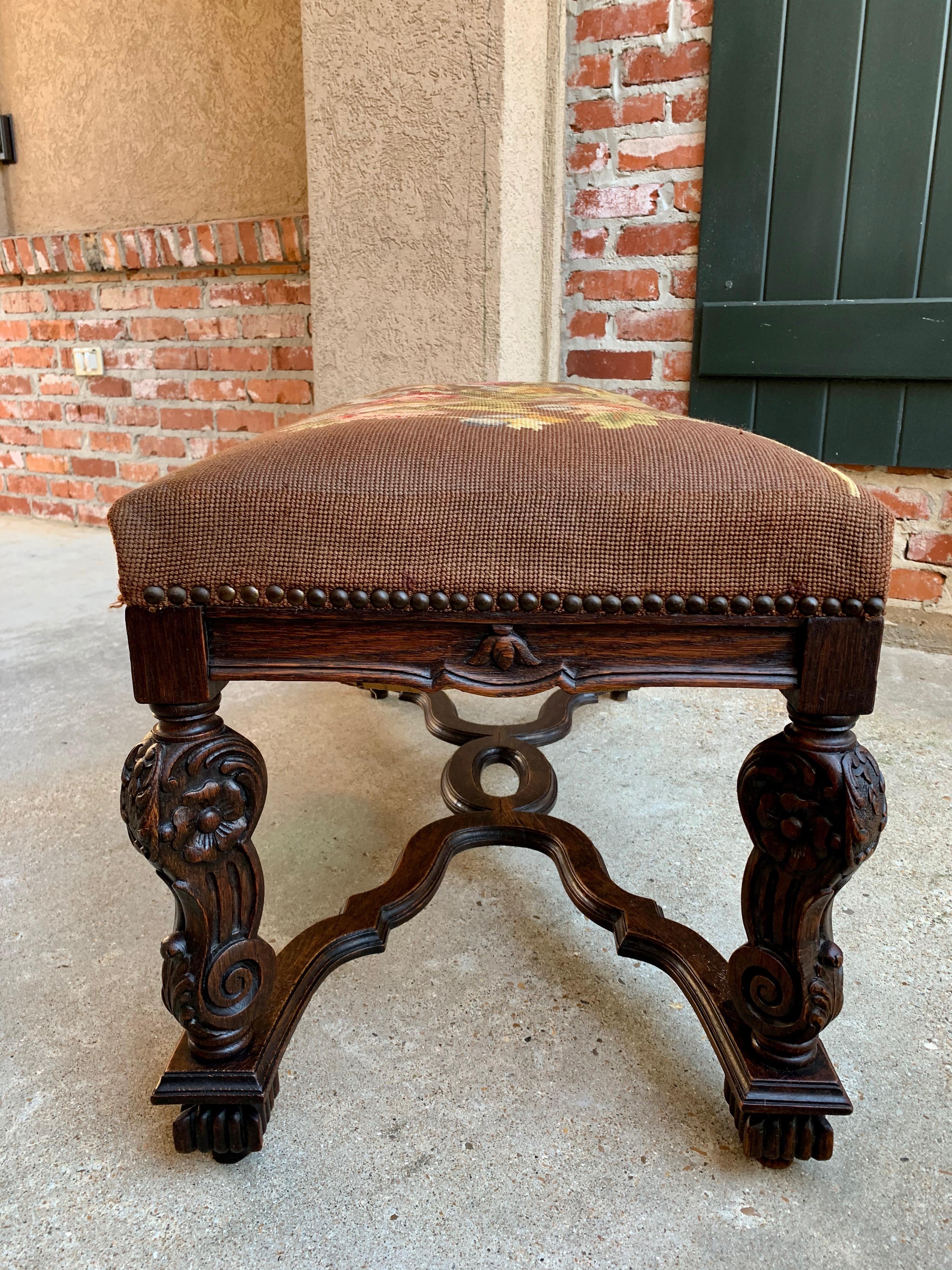 20th Century French Carved Oak Bench Stool Louis XV Style Needlepoint Ottoman 1