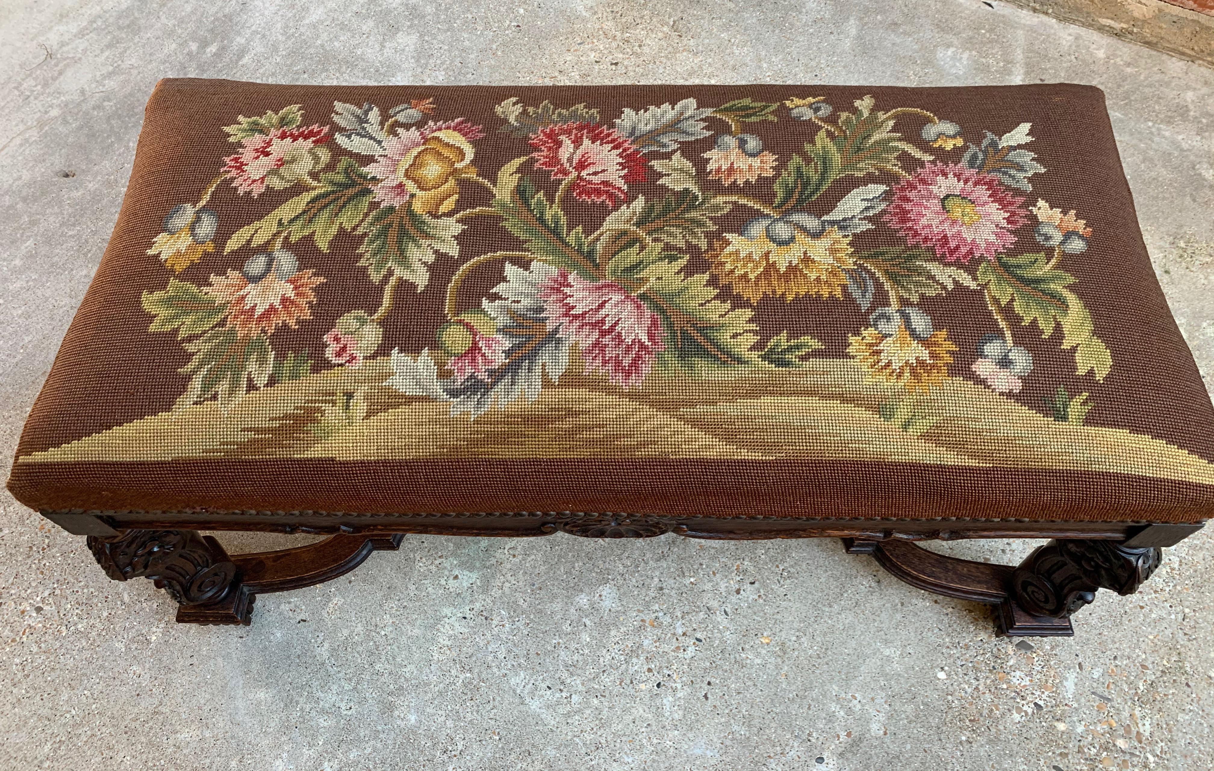 20th Century French Carved Oak Bench Stool Louis XV Style Needlepoint Ottoman 2