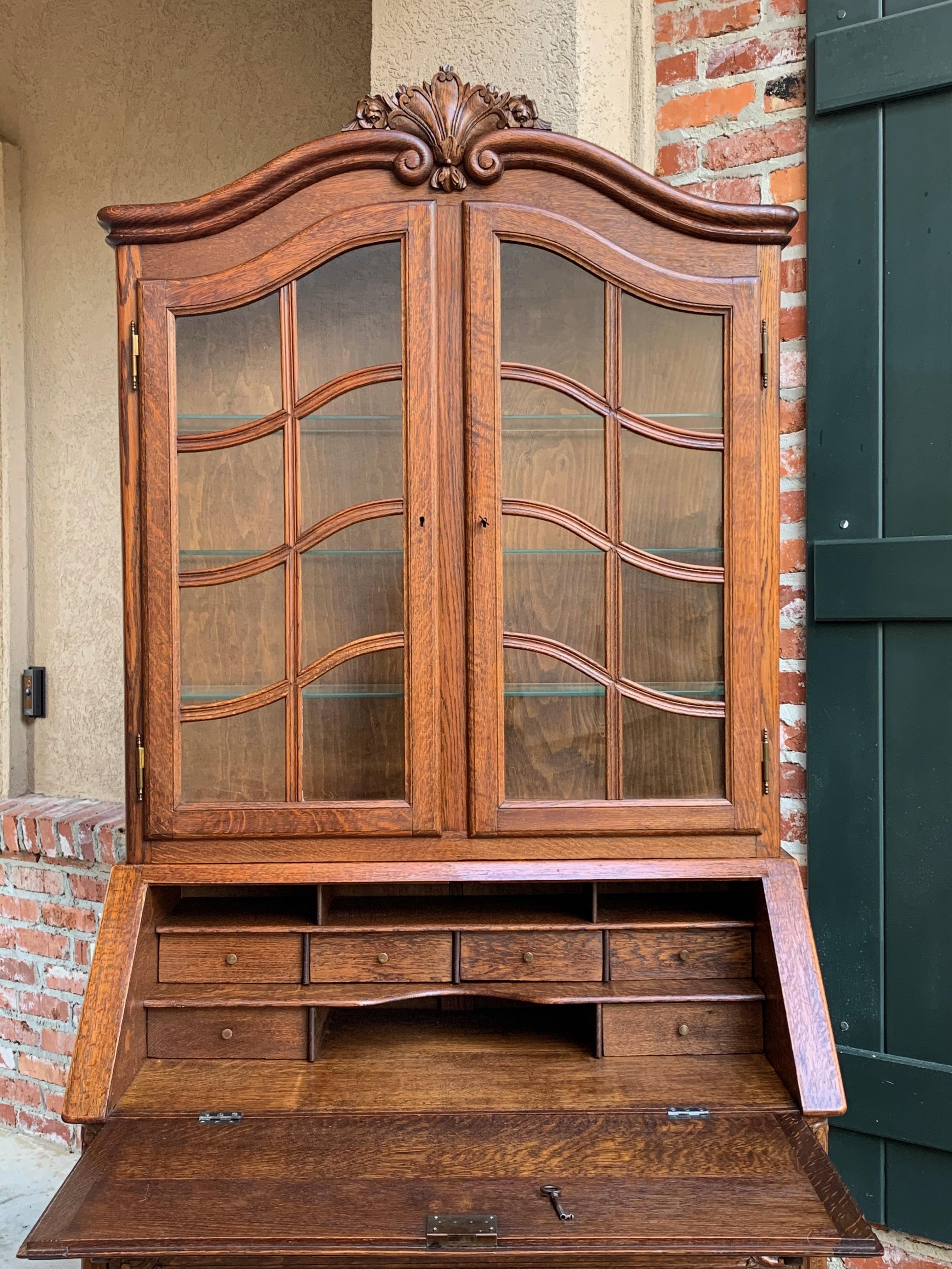 20th Century French Carved Oak Desk Secretary Bureau Bookcase Louis XV Style 6