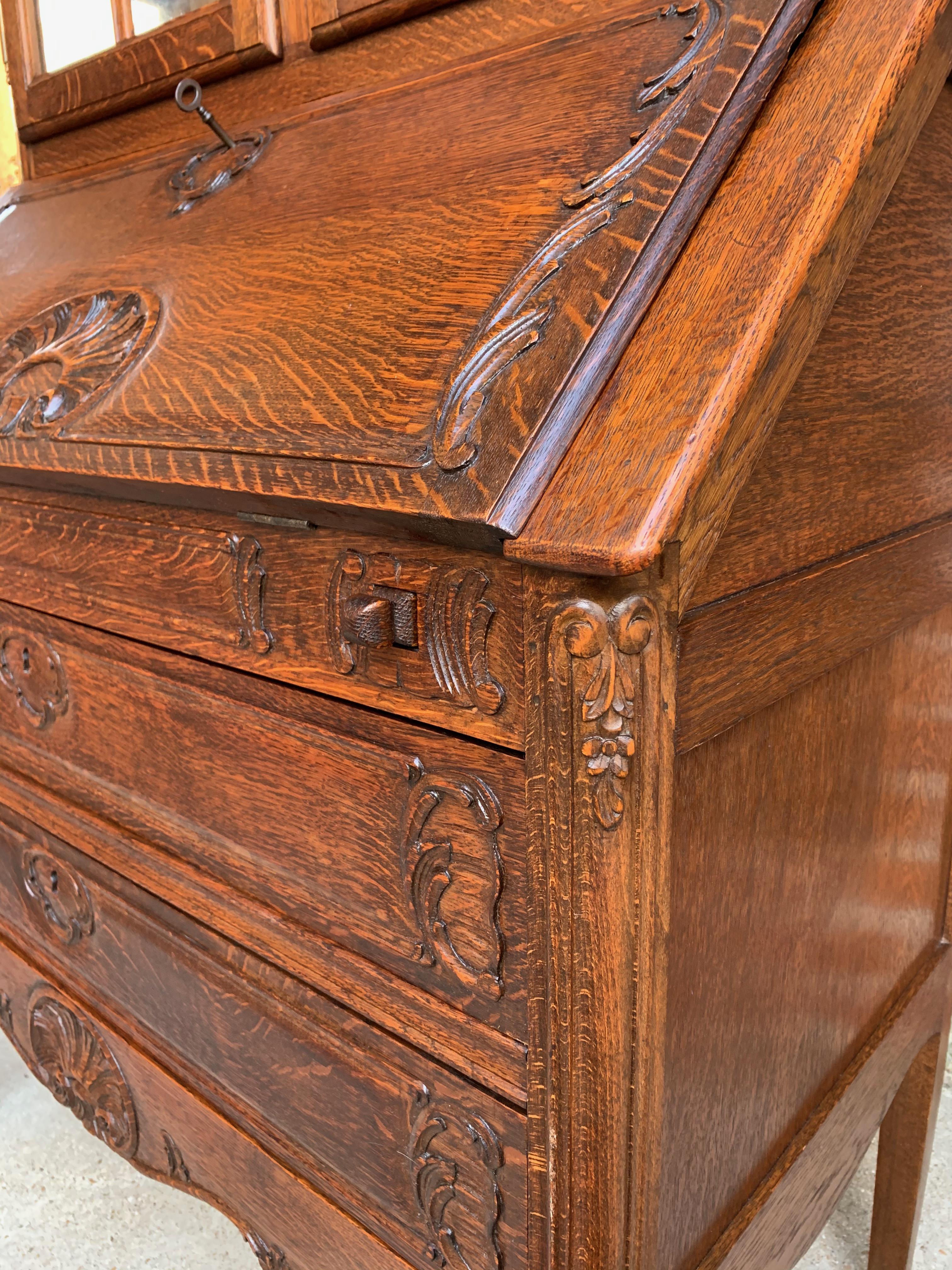 20th Century French Carved Oak Desk Secretary Bureau Bookcase Louis XV Style 8