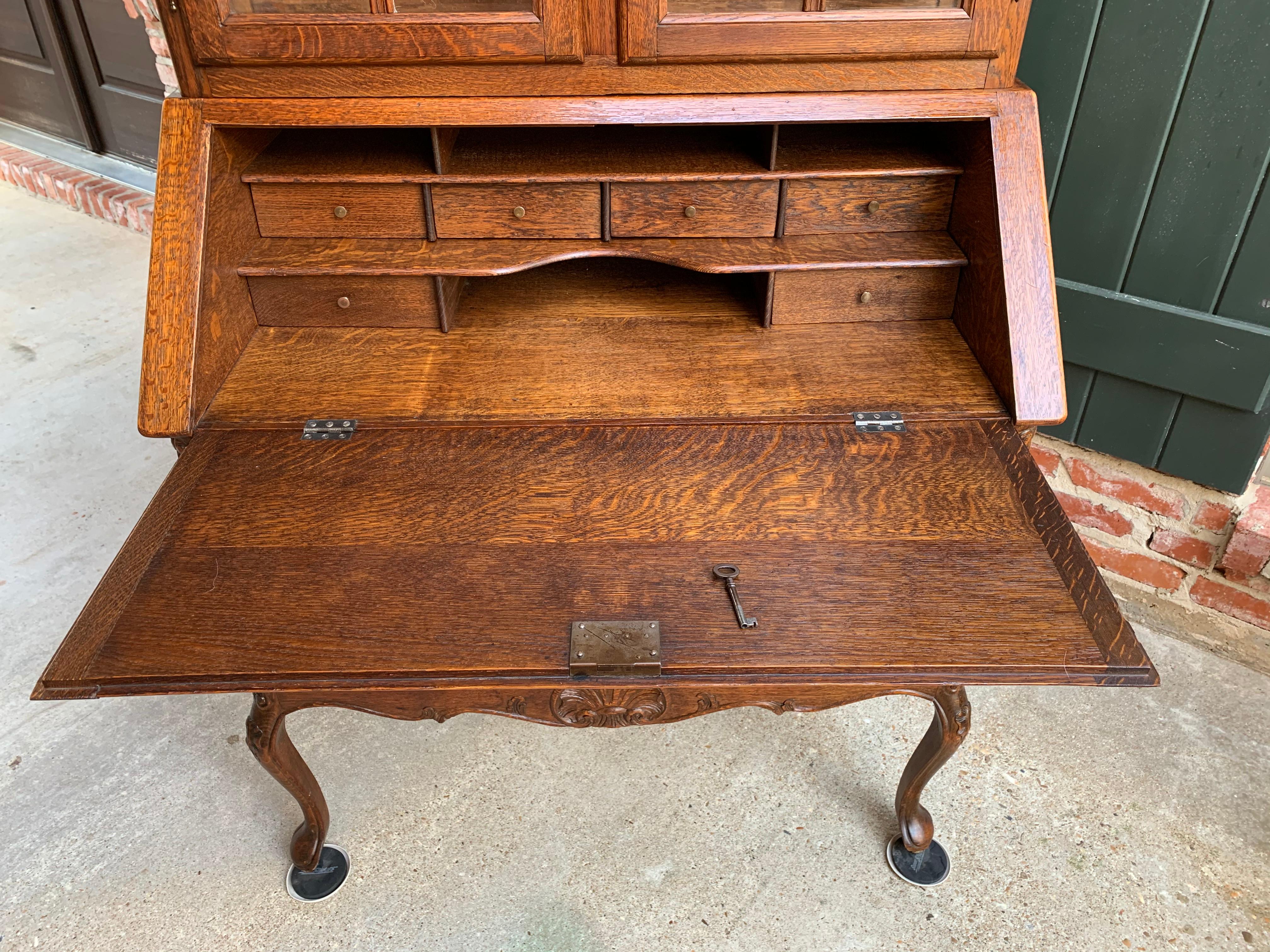 20th Century French Carved Oak Desk Secretary Bureau Bookcase Louis XV Style 1