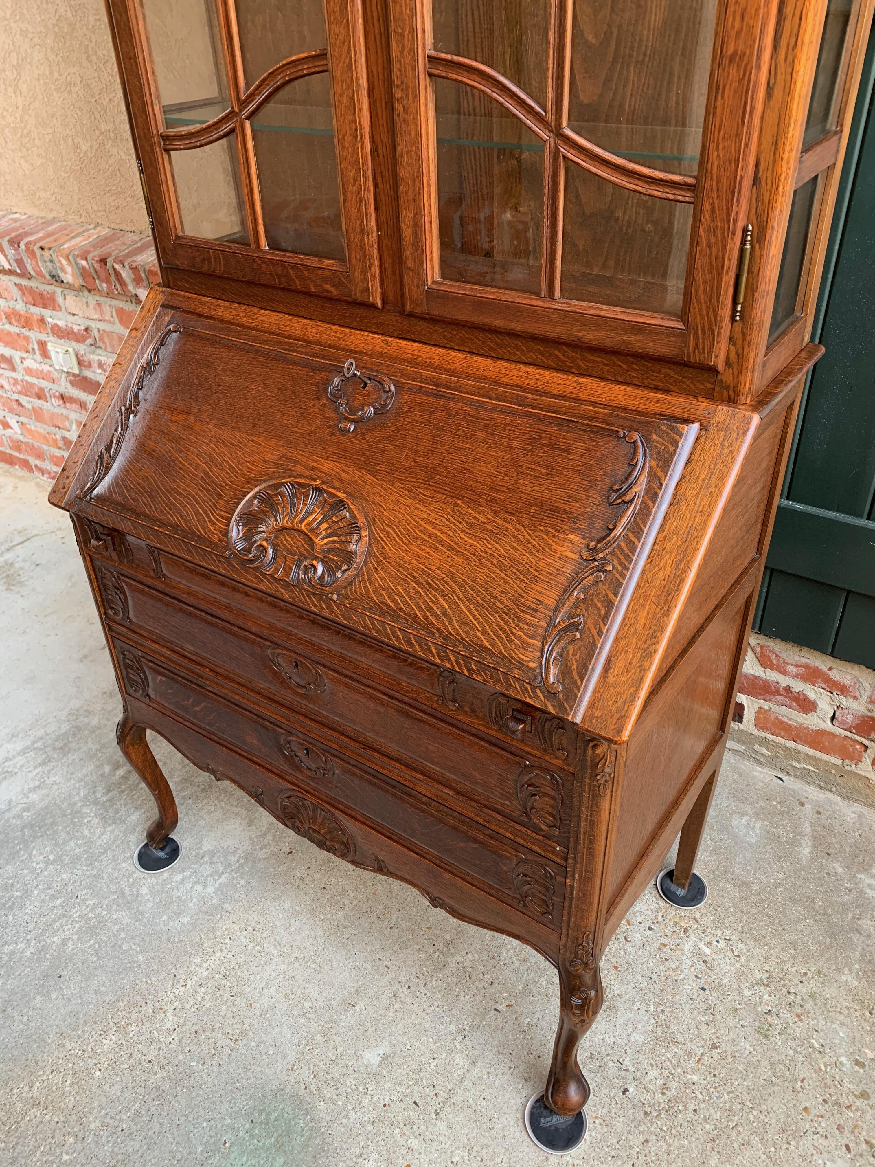 20th Century French Carved Oak Desk Secretary Bureau Bookcase Louis XV Style 5