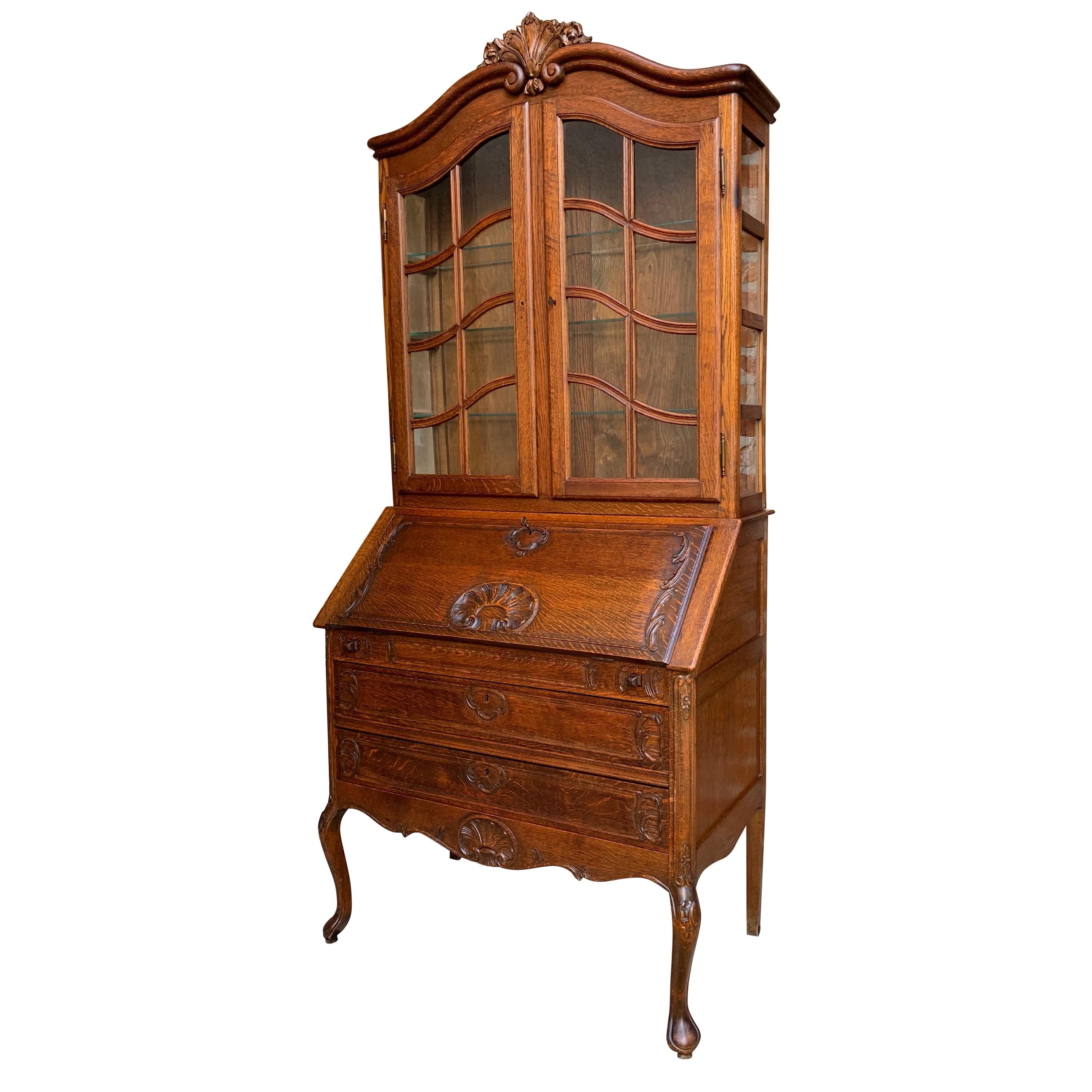 20th Century French Carved Oak Desk Secretary Bureau Bookcase Louis XV Style