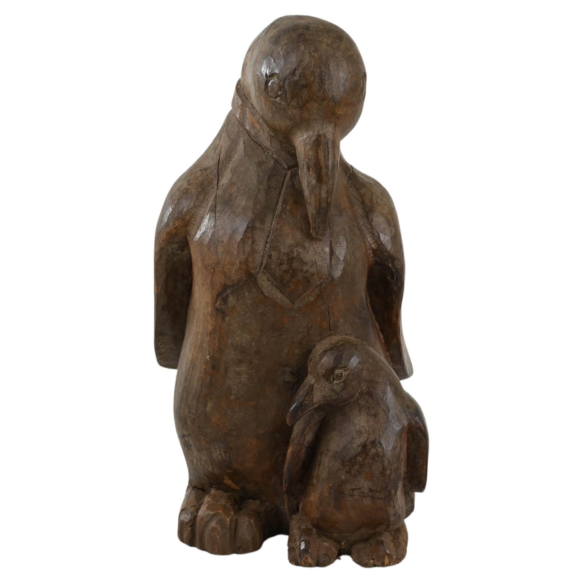 20th Century French Carved Wooden Penguin with Baby For Sale