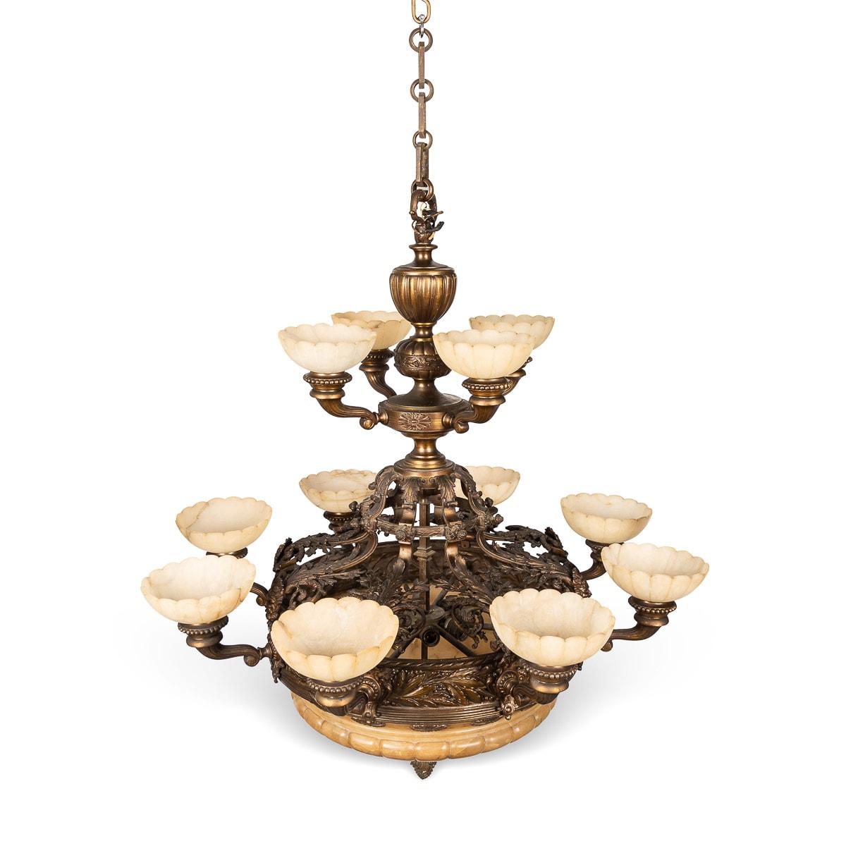 Empire 20th Century French Cast Bronze & Alabaster Chandelier, c.1900 For Sale