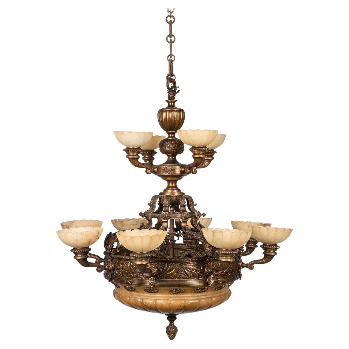 20th Century French Cast Bronze & Alabaster Chandelier, c.1900 For Sale