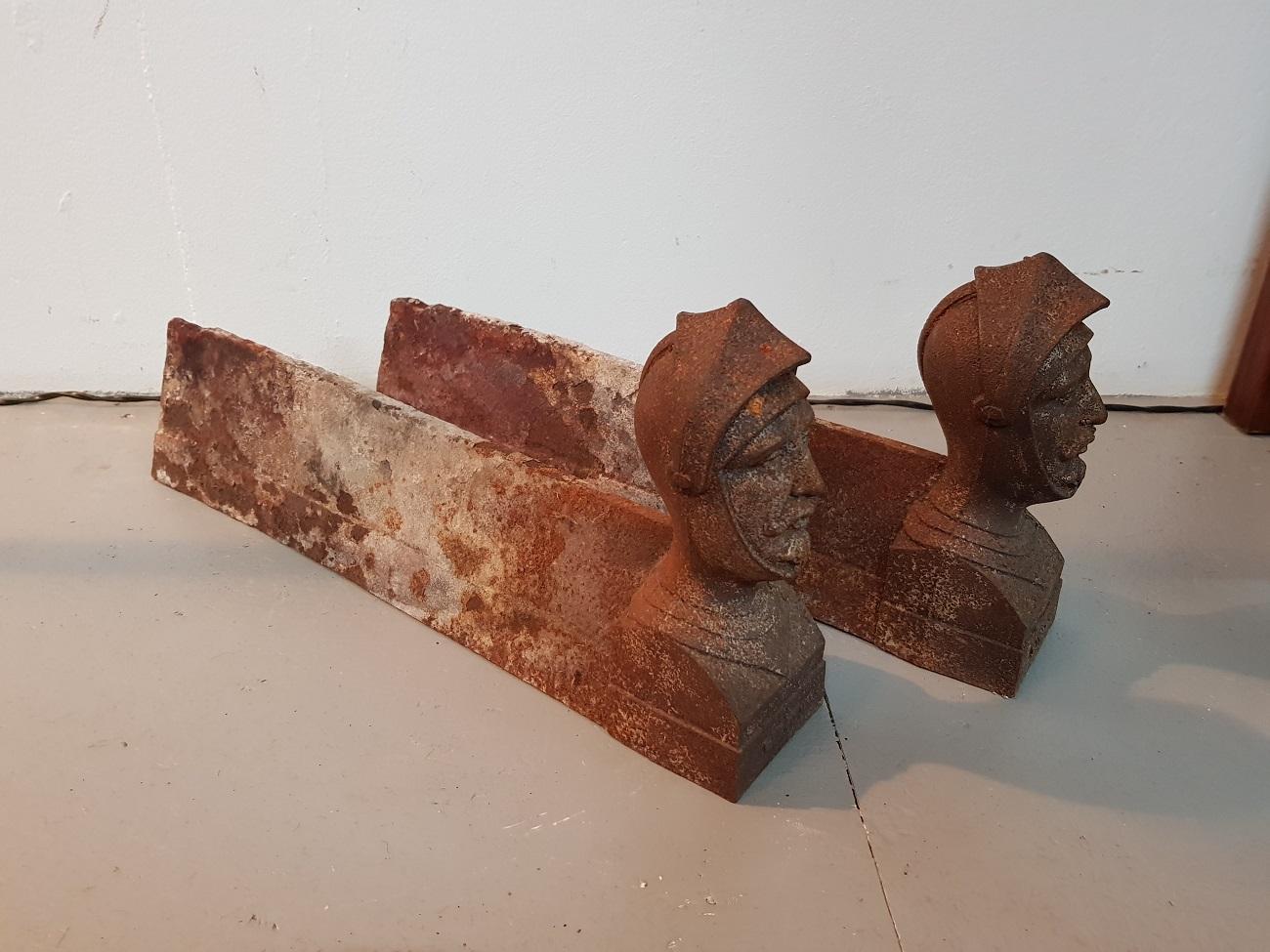 20th Century French Cast Iron Andirons with Busts of the Knight Bayard 1