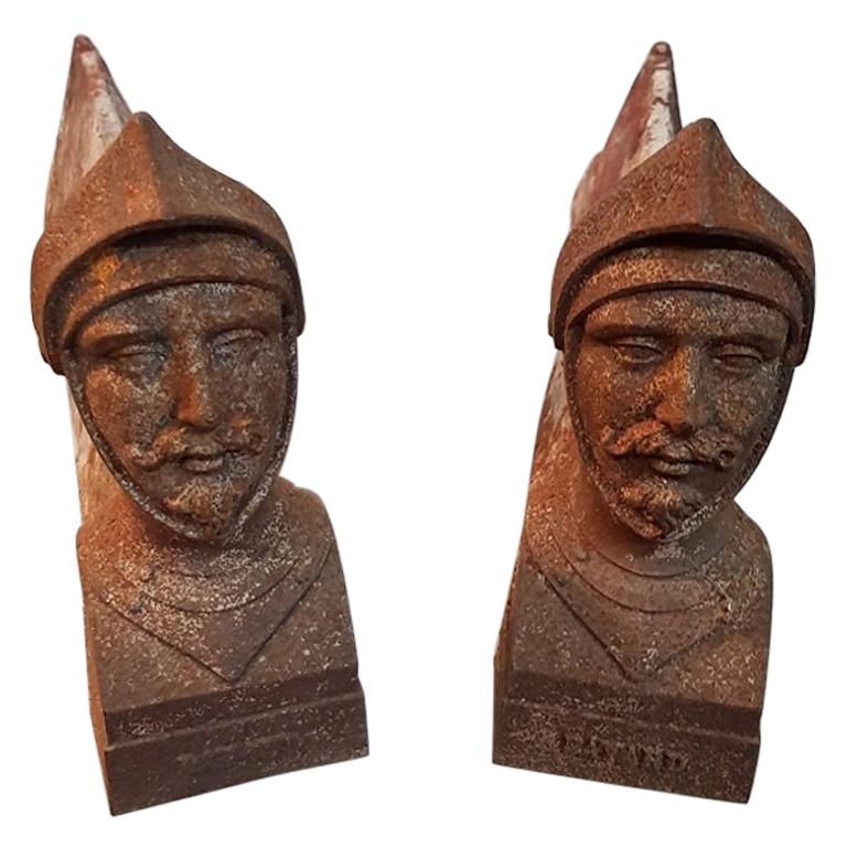 20th Century French Cast Iron Andirons with Busts of the Knight Bayard