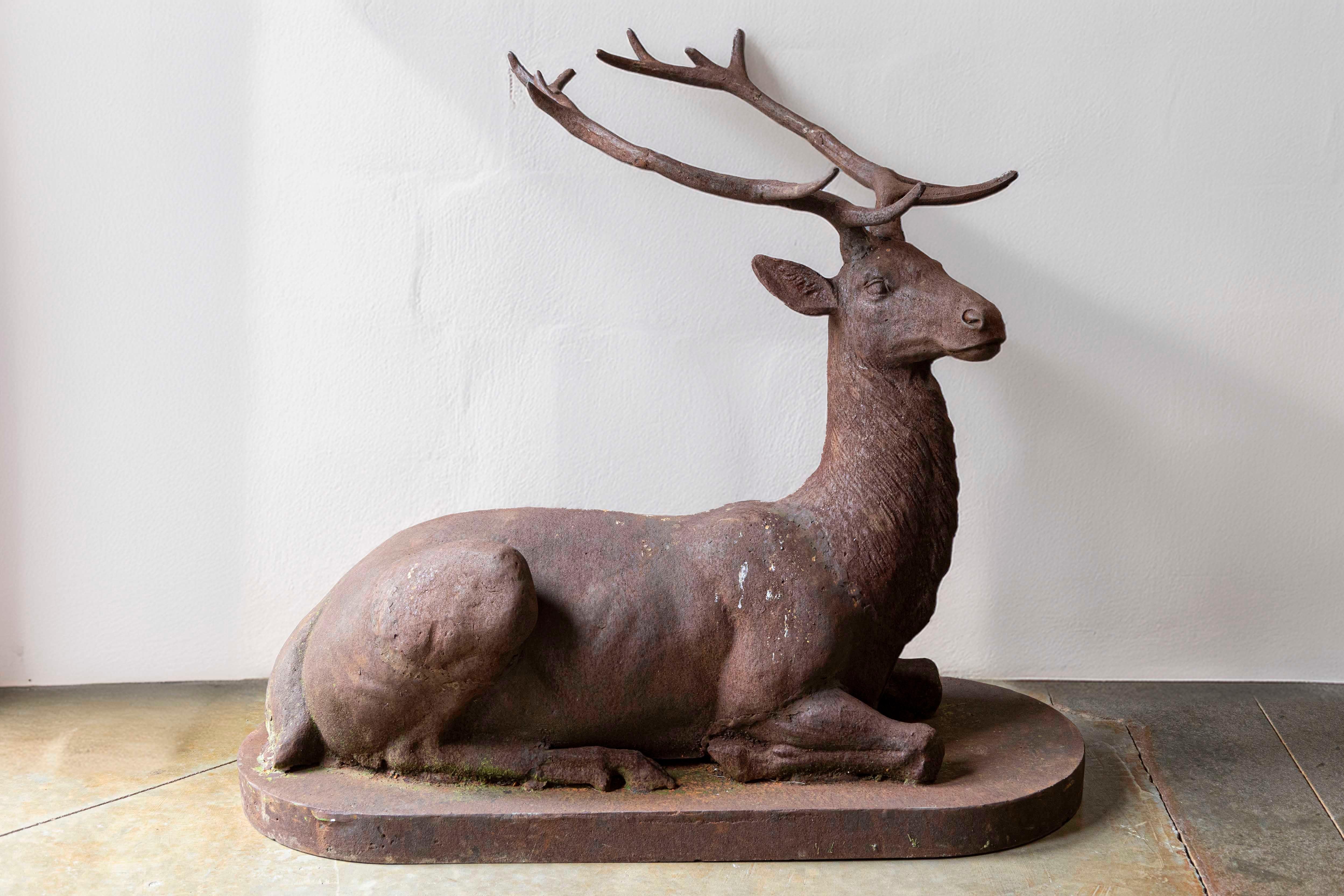 Questa affascinante scultura di cervo in ghisa francese del XX secolo cattura l'eleganza e il portamento della natura in un pezzo senza tempo. Realizzato con grande attenzione ai dettagli, il cervo reclinabile ha una postura aggraziata con corna