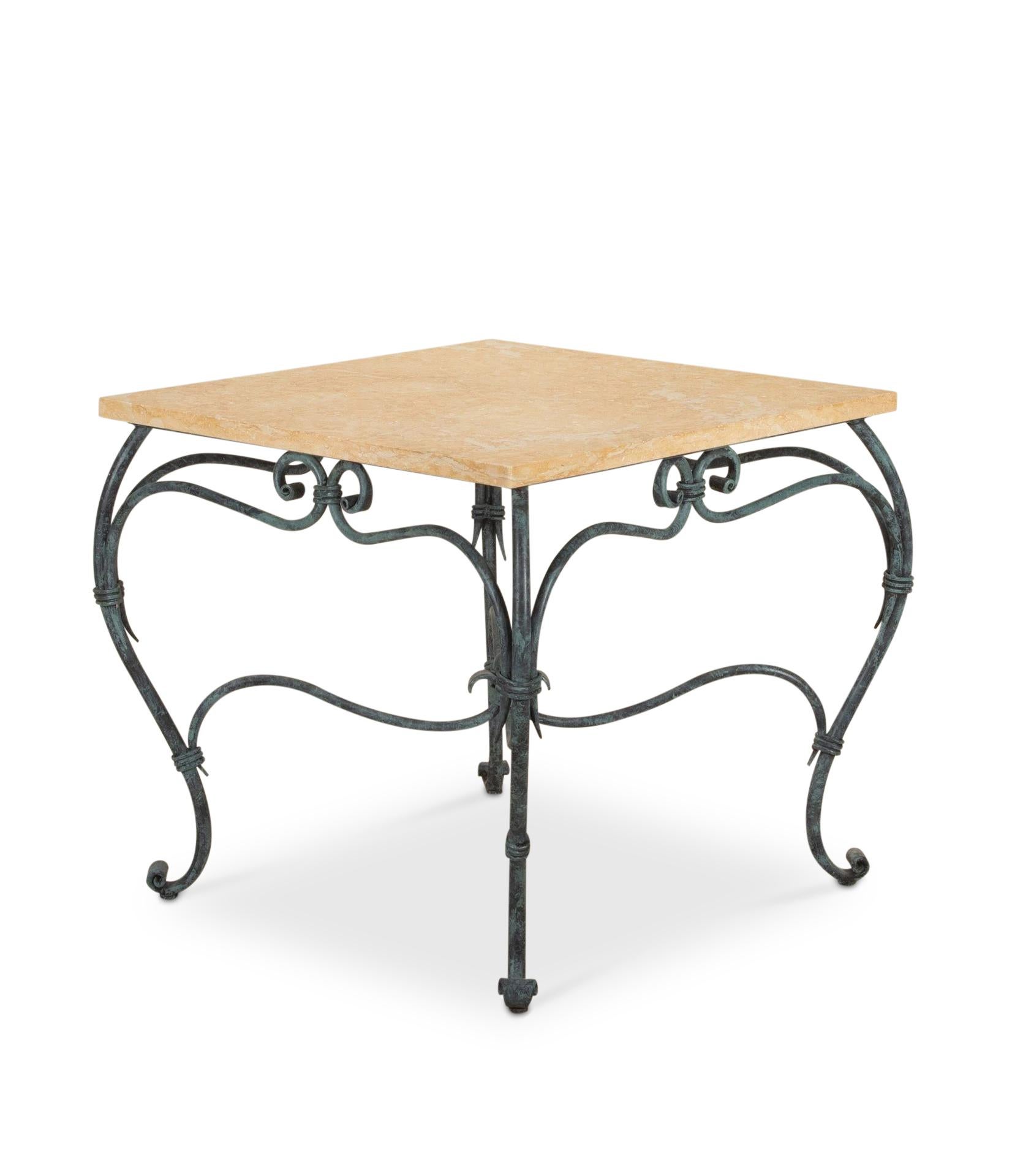 Stylish 20th Century French cast iron table with a verdigris finish and detailed ornate casting. 

Quality marble top complimenting this large garden table.
