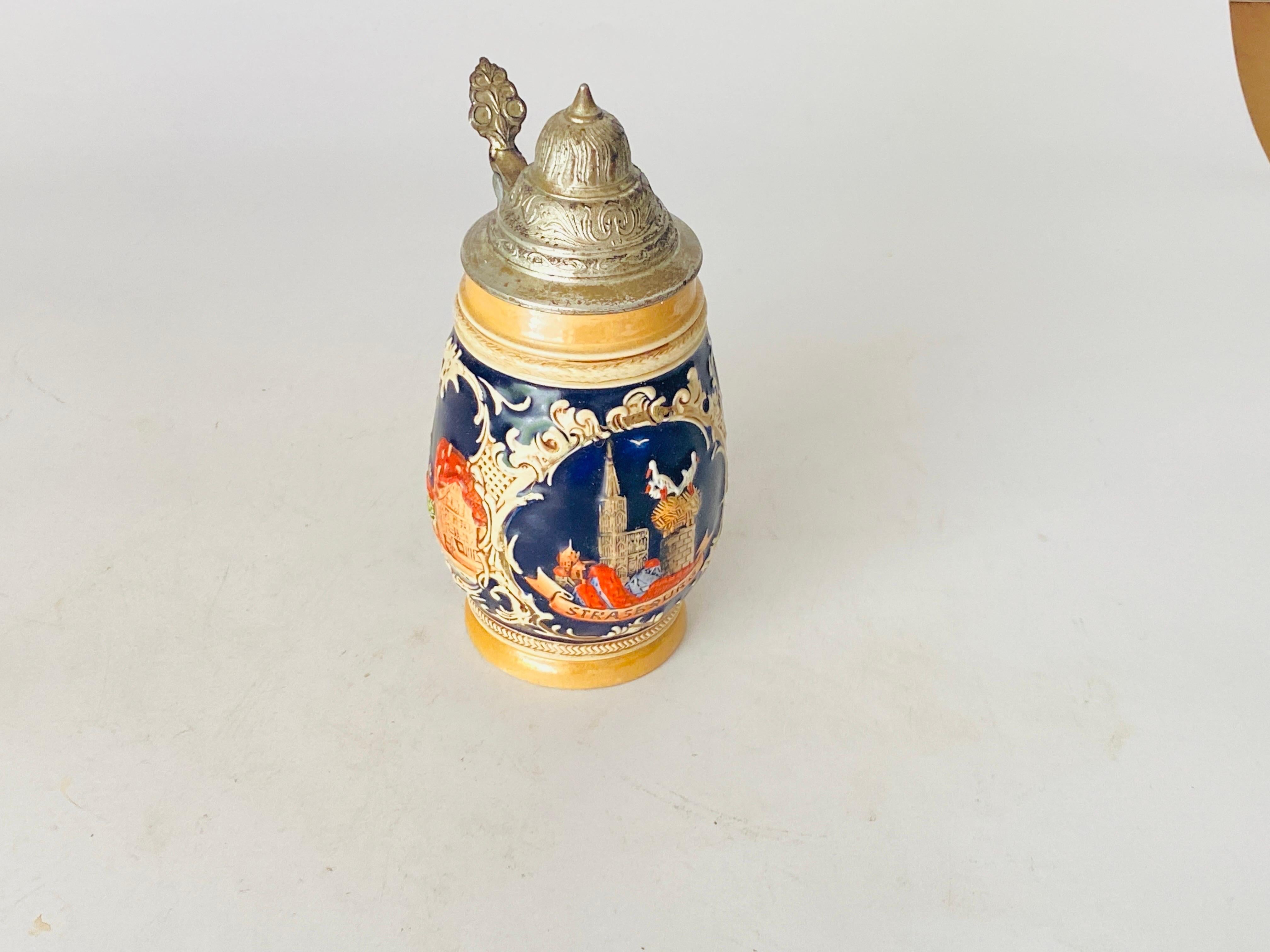 20th Century French Ceramic Beer Stein Strasbourg with Metal Lid For Sale 3