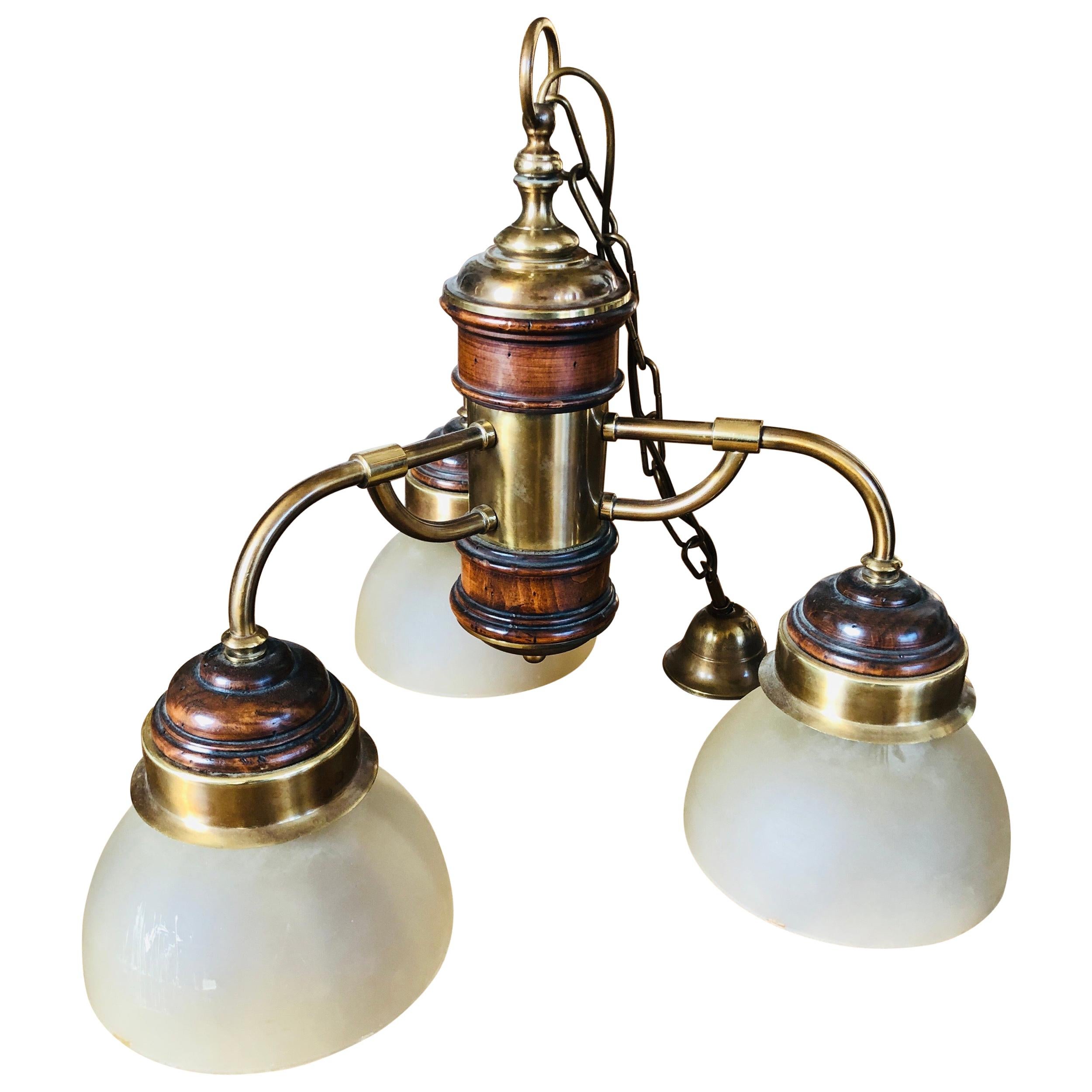 20th Century French Chandelier Made of Brass and Wood with Three Lights For Sale