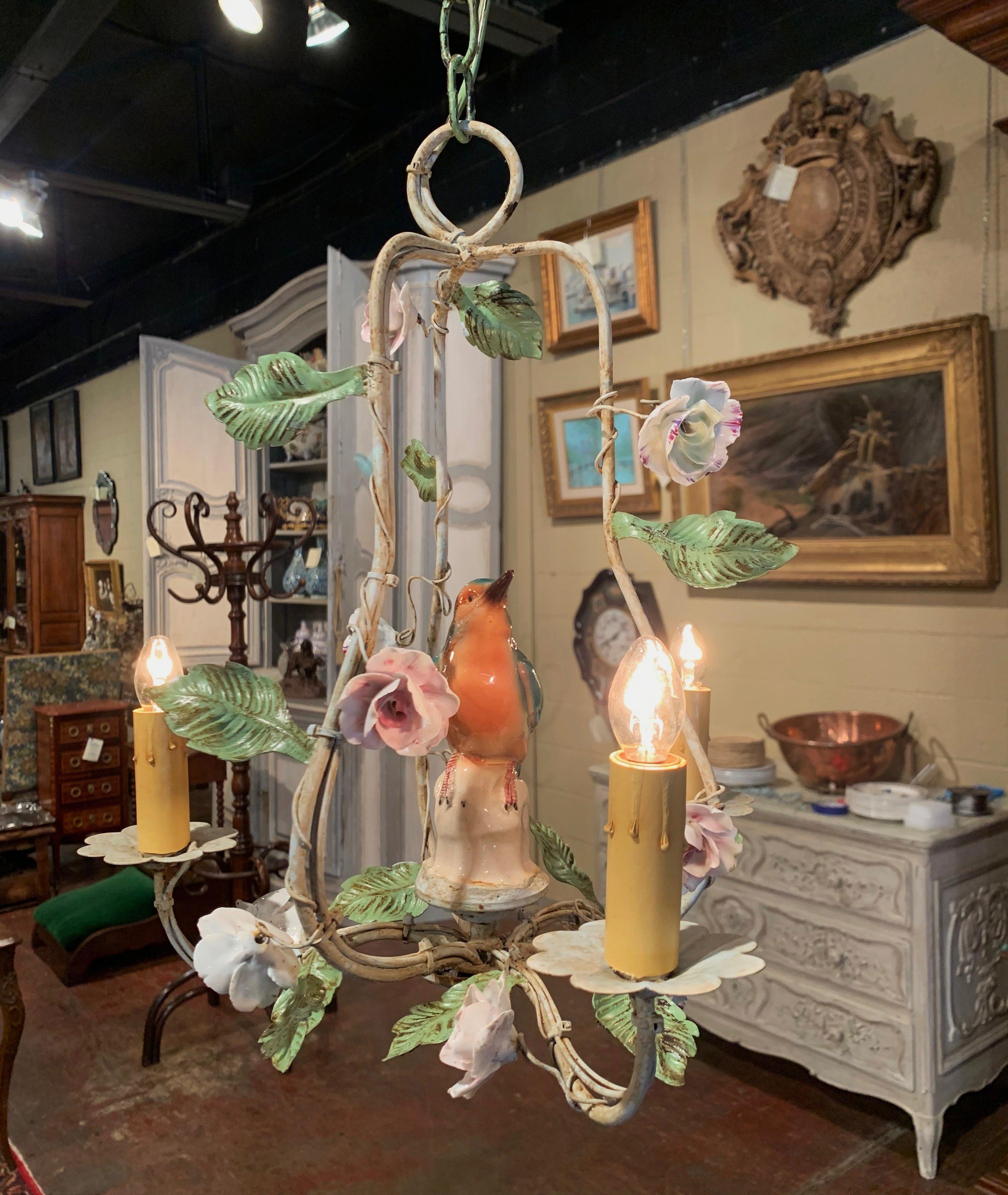 20th Century French Chandelier & Matching Sconces with Porcelain Bird & Flowers 5