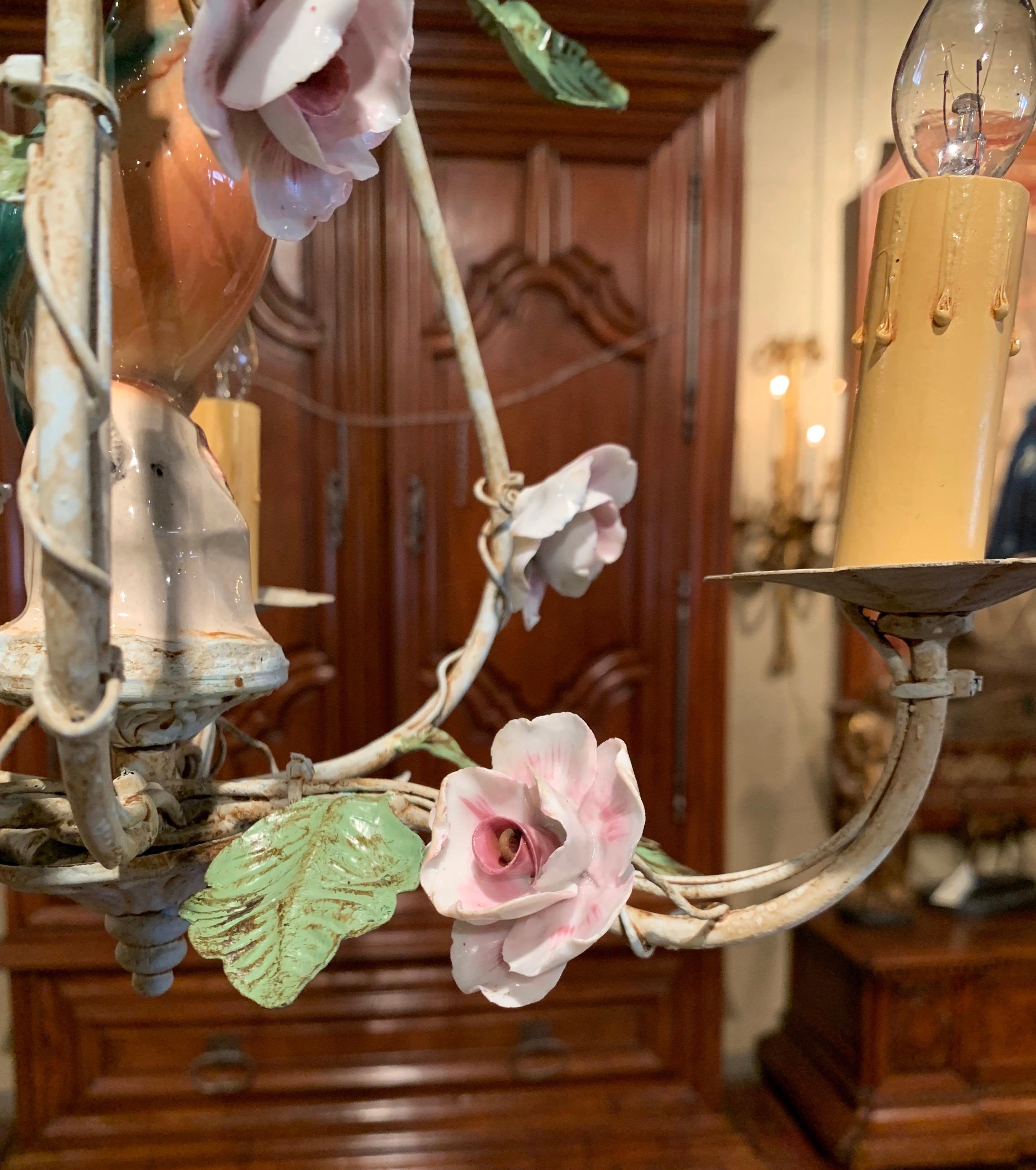 20th Century French Chandelier & Matching Sconces with Porcelain Bird & Flowers 8