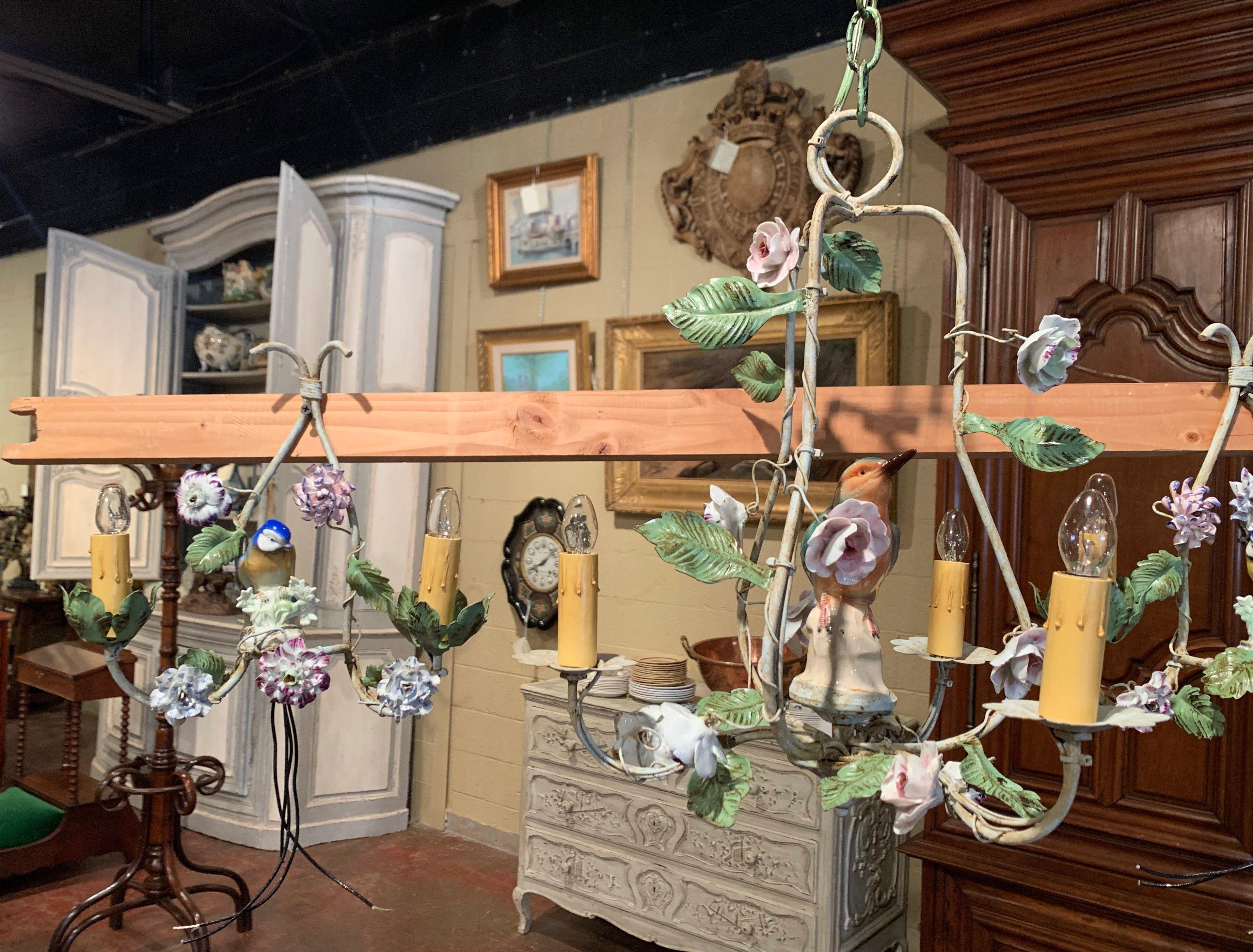 Hand-Crafted 20th Century French Chandelier & Matching Sconces with Porcelain Bird & Flowers