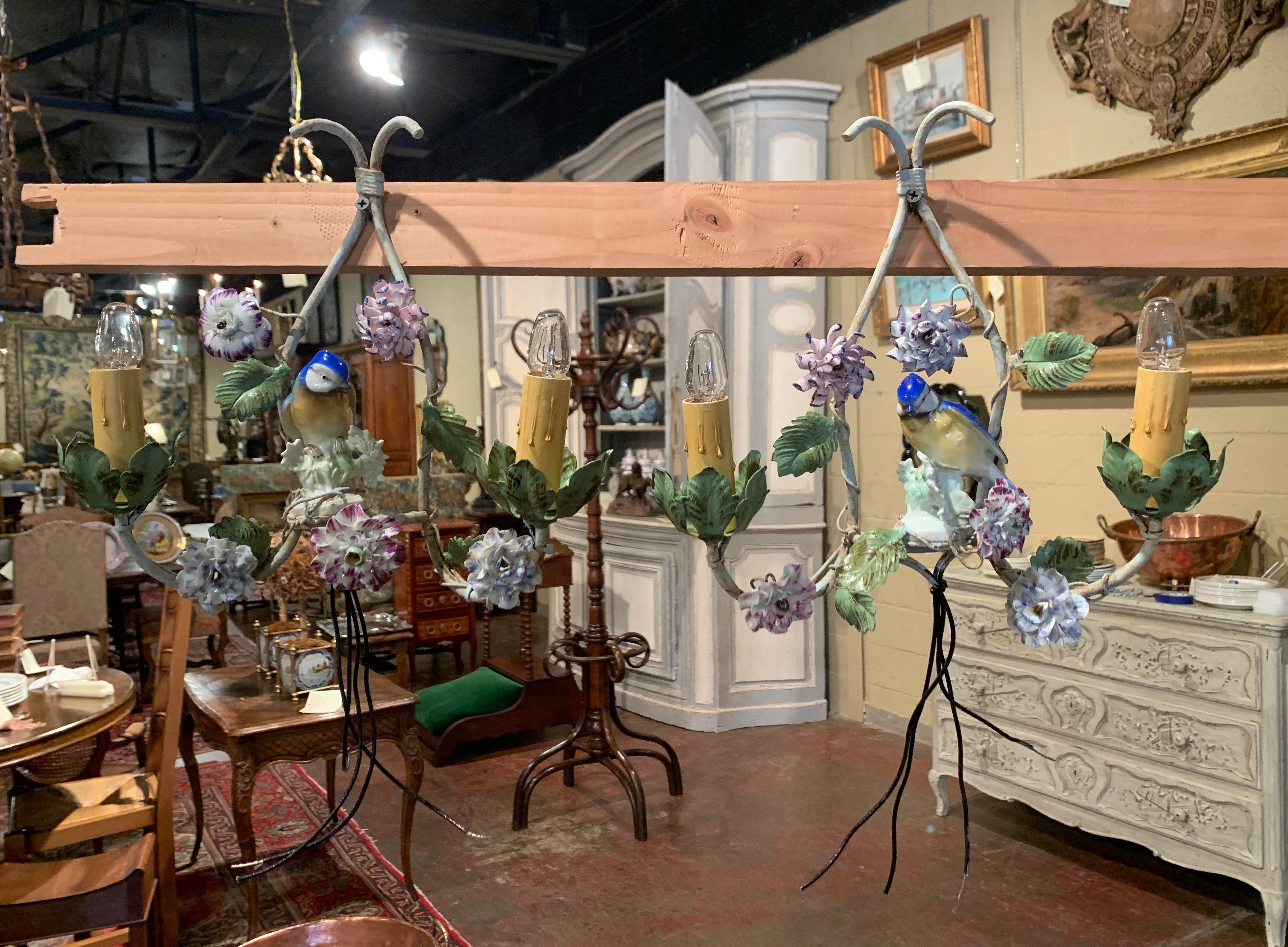 20th Century French Chandelier & Matching Sconces with Porcelain Bird & Flowers 4