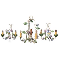 20th Century French Chandelier & Matching Sconces with Porcelain Bird & Flowers