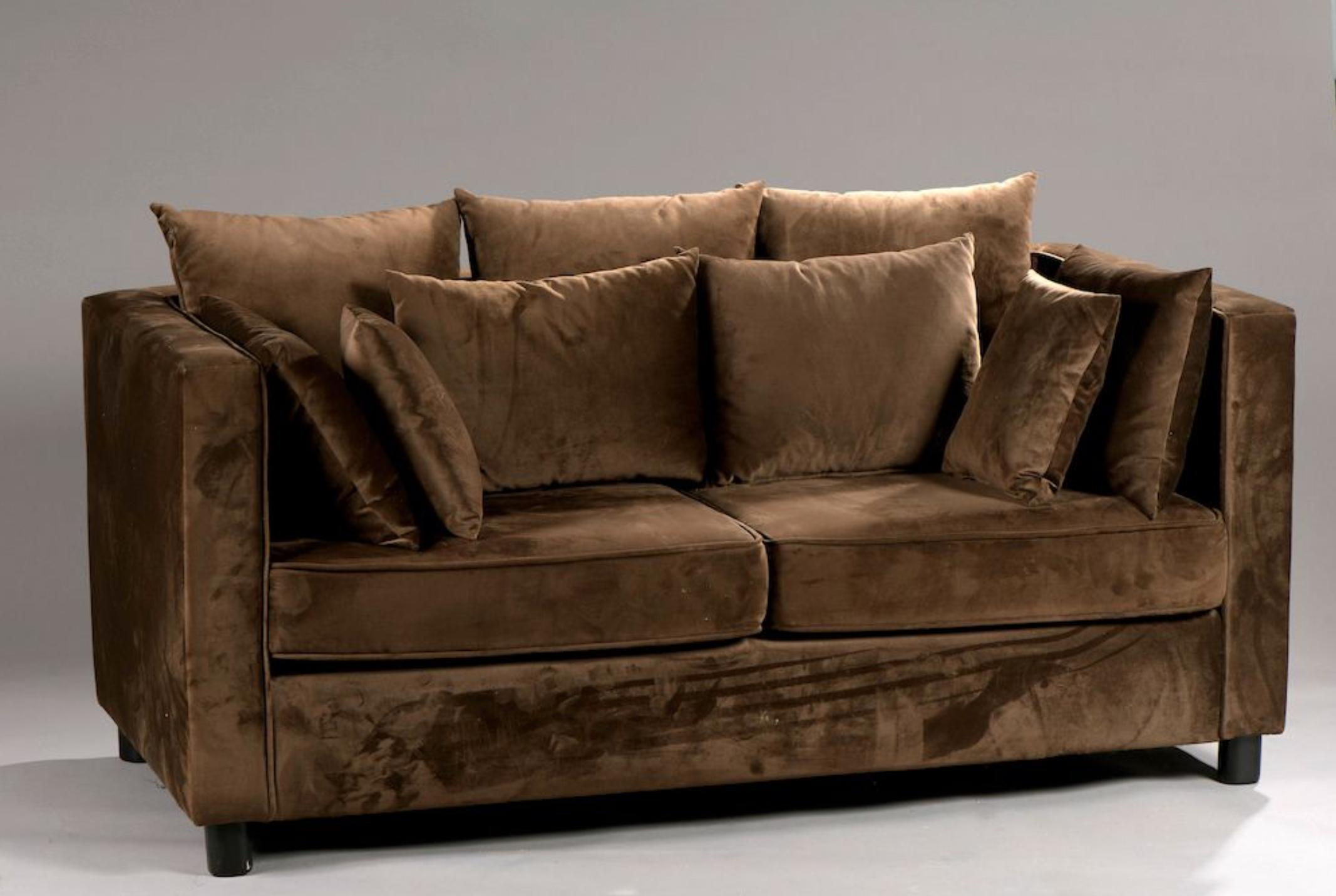 20th century velvet sofa in chocolate brown with set of cushions.
France, circa 1950.