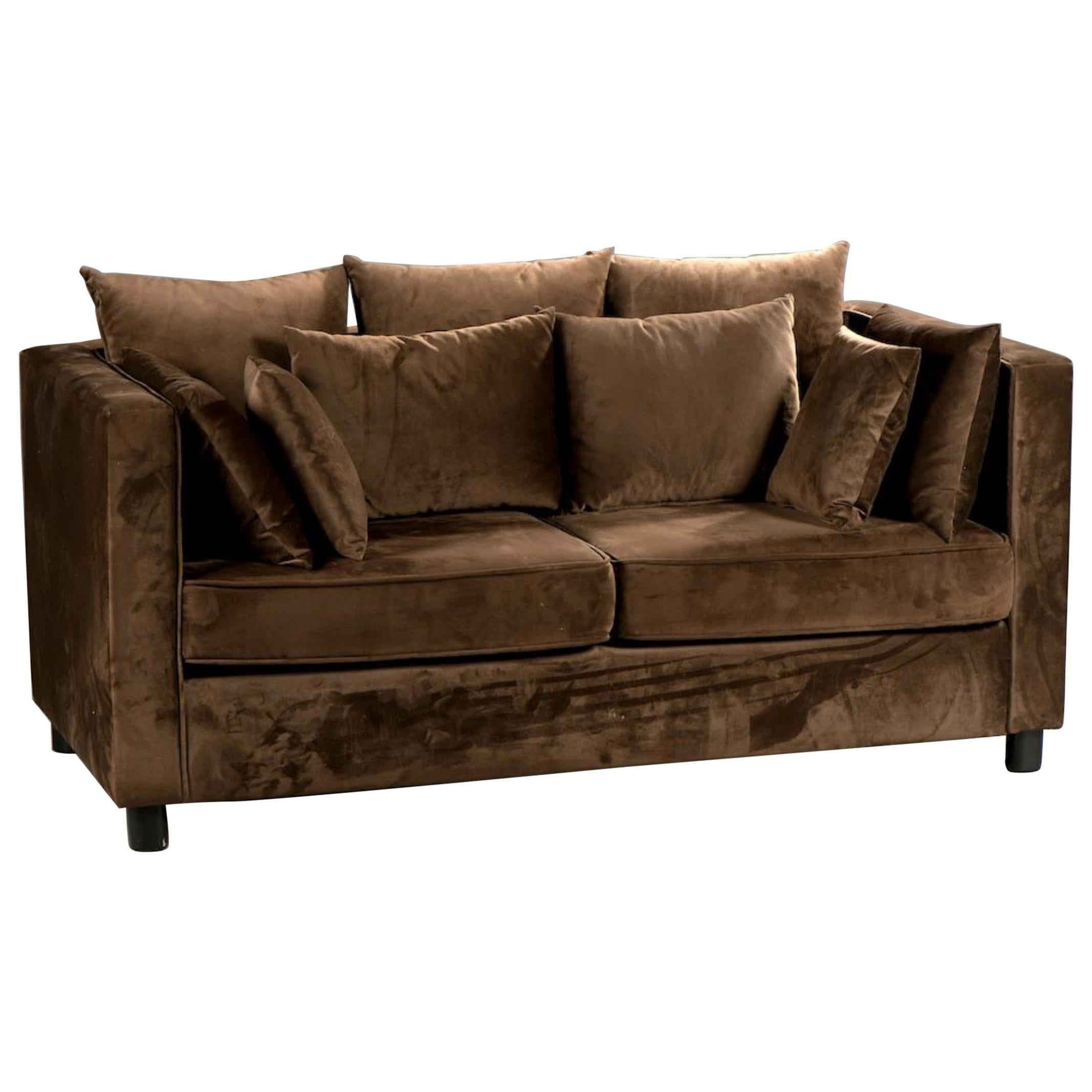 20th Century French Chocolate Brown Two-Seated Velvet Sofa with Set of Cushions For Sale