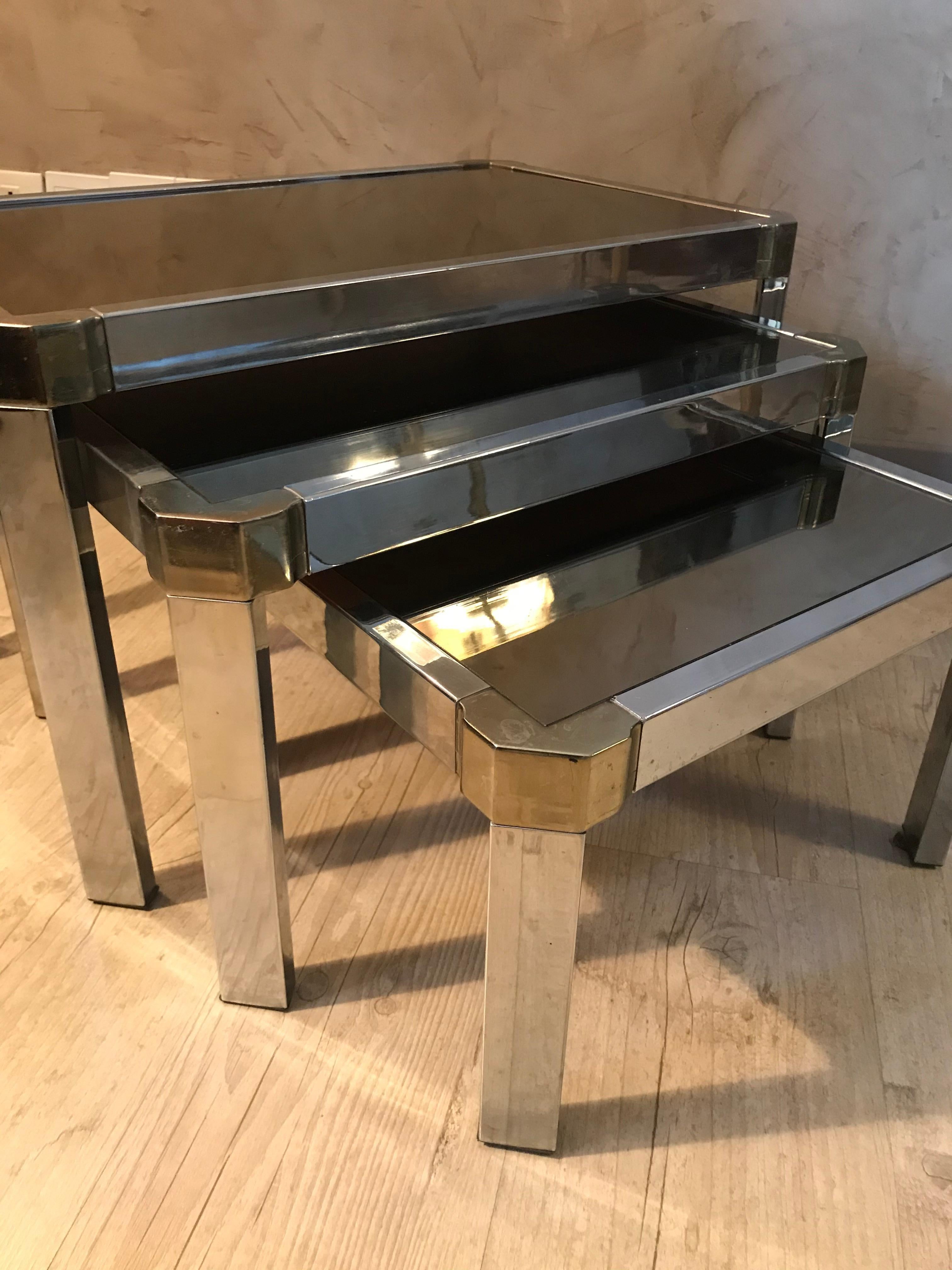 20th Century French Chromed Metal and Mirror Nesting Tables, 1950s For Sale 1