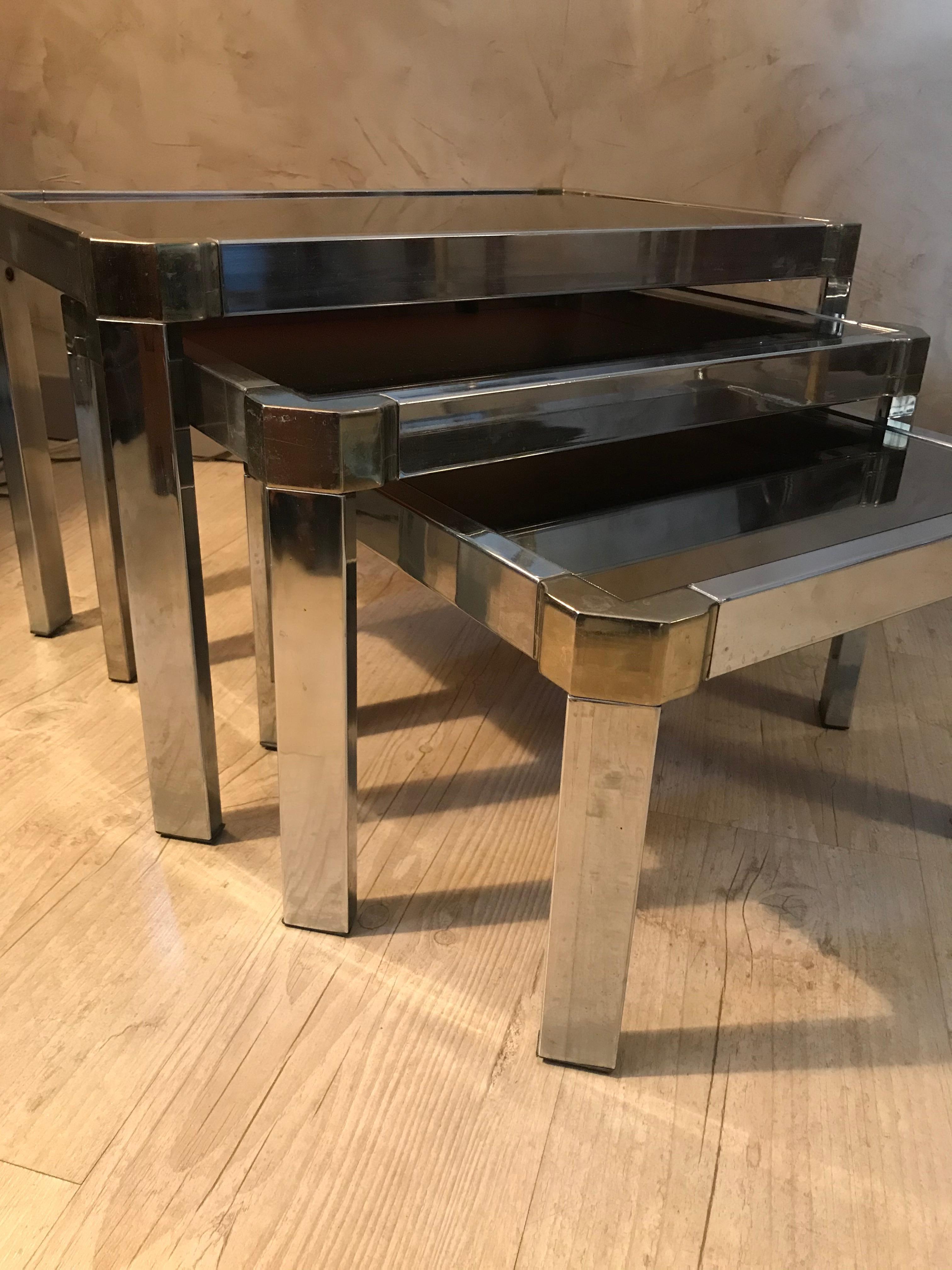 20th Century French Chromed Metal and Mirror Nesting Tables, 1950s For Sale 2
