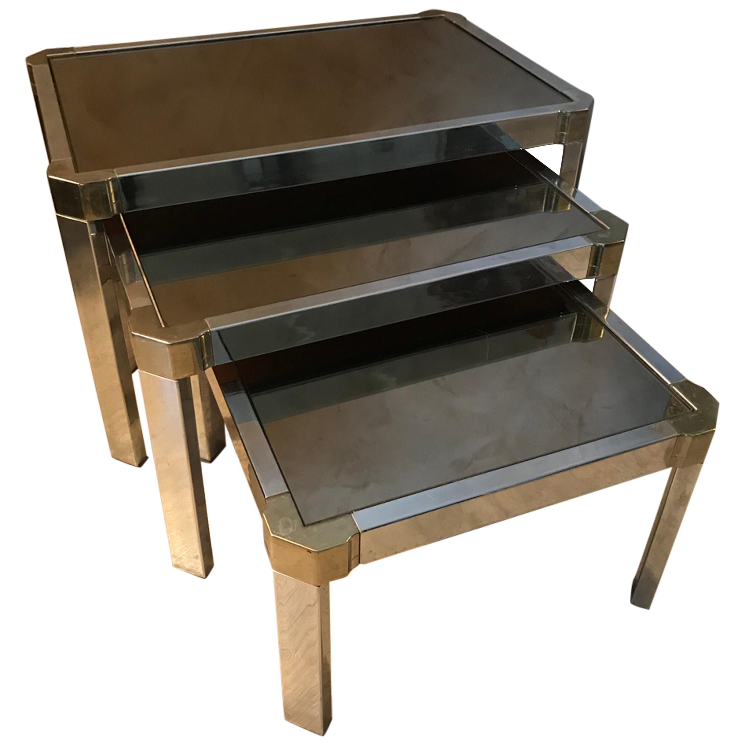 20th Century French Chromed Metal and Mirror Nesting Tables, 1950s