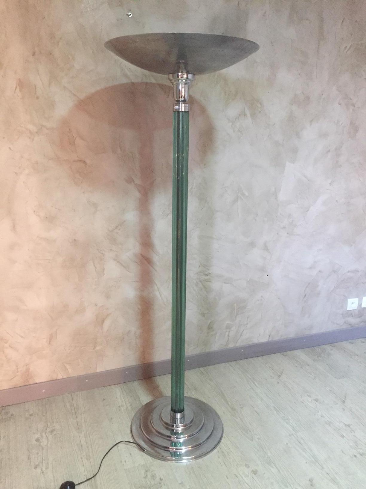 Glass 20th Century French Chromed Metal Art Deco Floor Lamp, 1930s