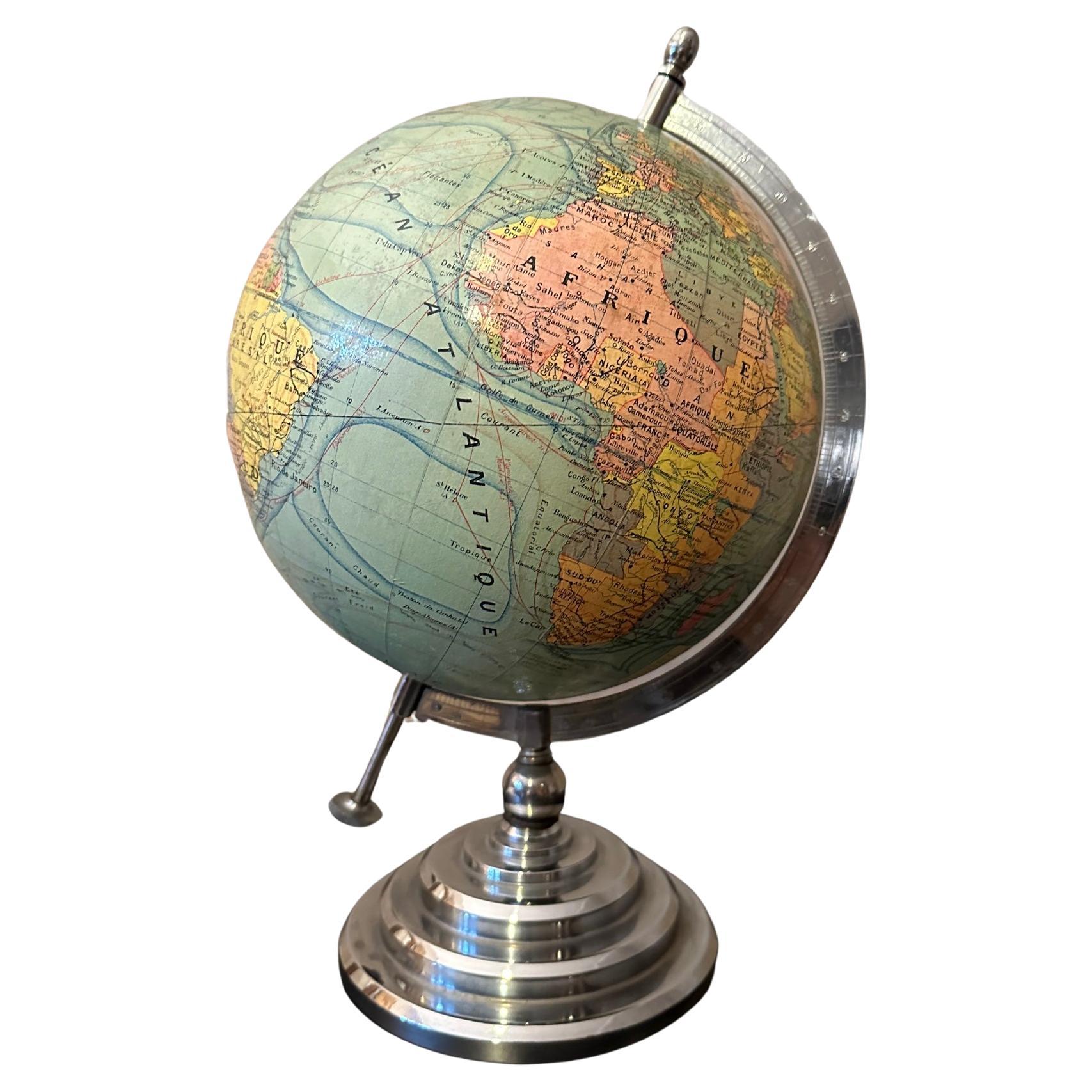 20th century French Chromed Metal Globe on a Base, 1920s