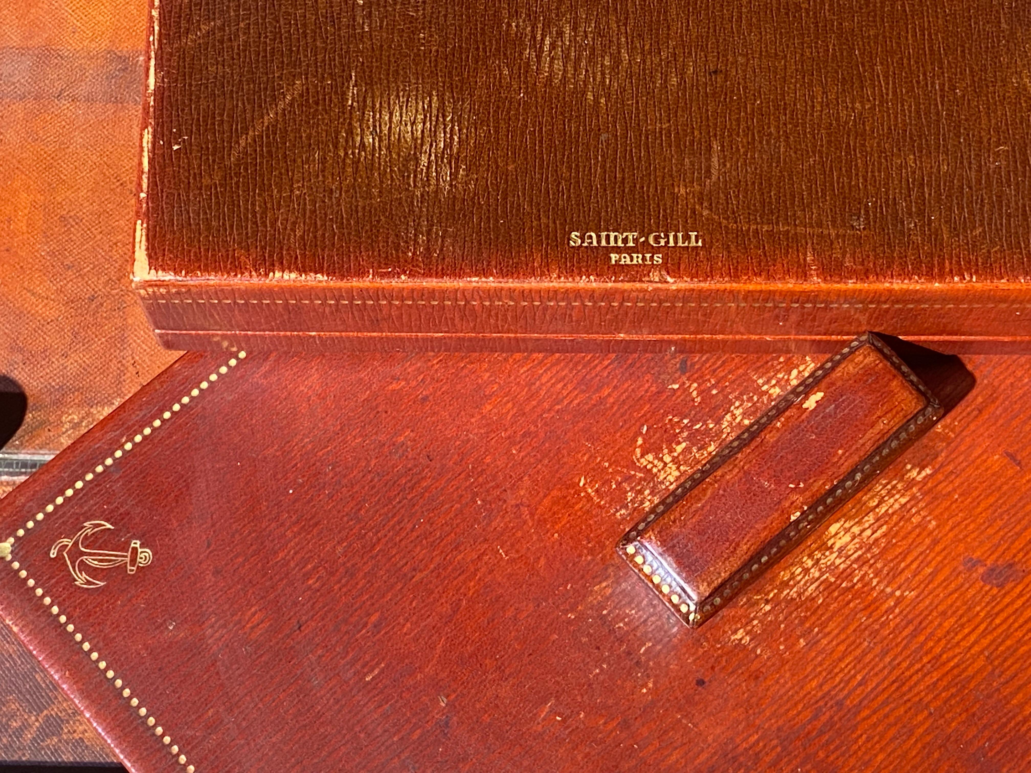 20th Century French Cognac Colored Leather Five Pieces Desk Set by Saint Gill For Sale 2