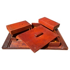 Antique 20th Century French Cognac Colored Leather Five Pieces Desk Set by Saint Gill