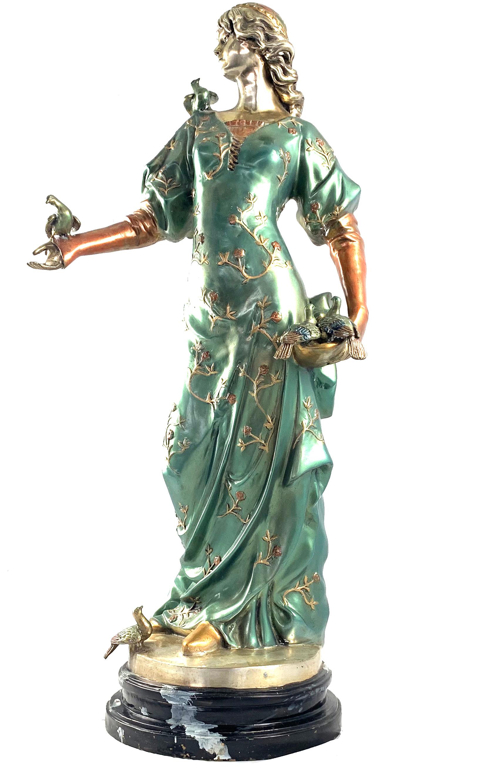Cast 20th Century French Cold Painted Bronze Figure of a Lady in Robes on Marble Base For Sale