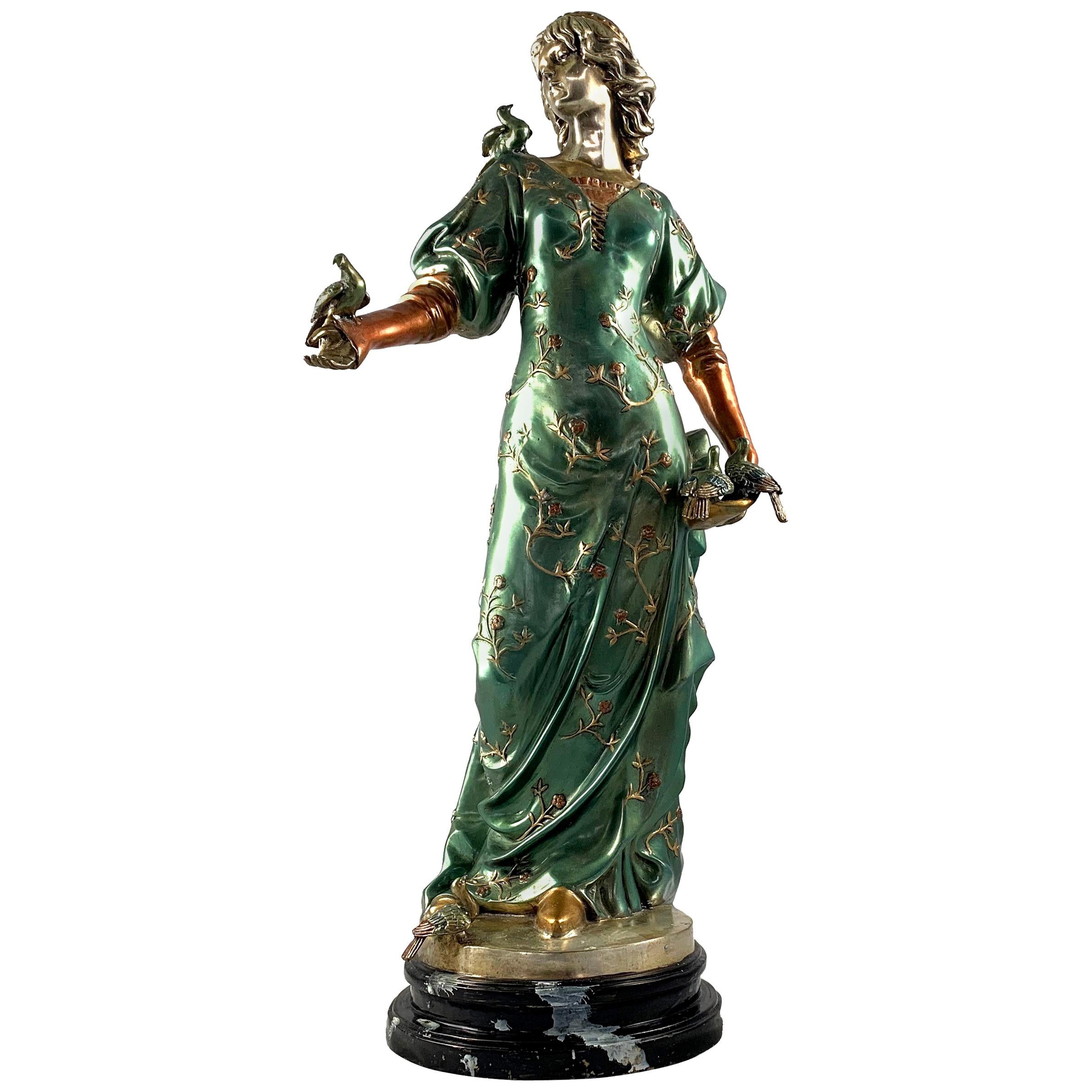 20th Century French Cold Painted Bronze Figure of a Lady in Robes on Marble Base For Sale