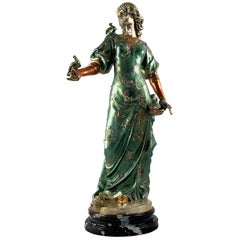 20th Century French Cold Painted Bronze Figure of a Lady in Robes on Marble Base