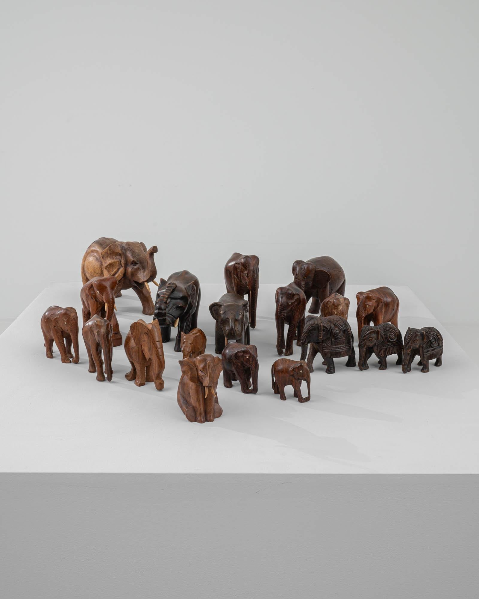 A decorative set of 19 masterfully carved wooden elephants from 20th century France. Showing both Asian and African elephant specimens, each piece is carved from realistic to abstract forms. These elephants would feel at home together in their herd