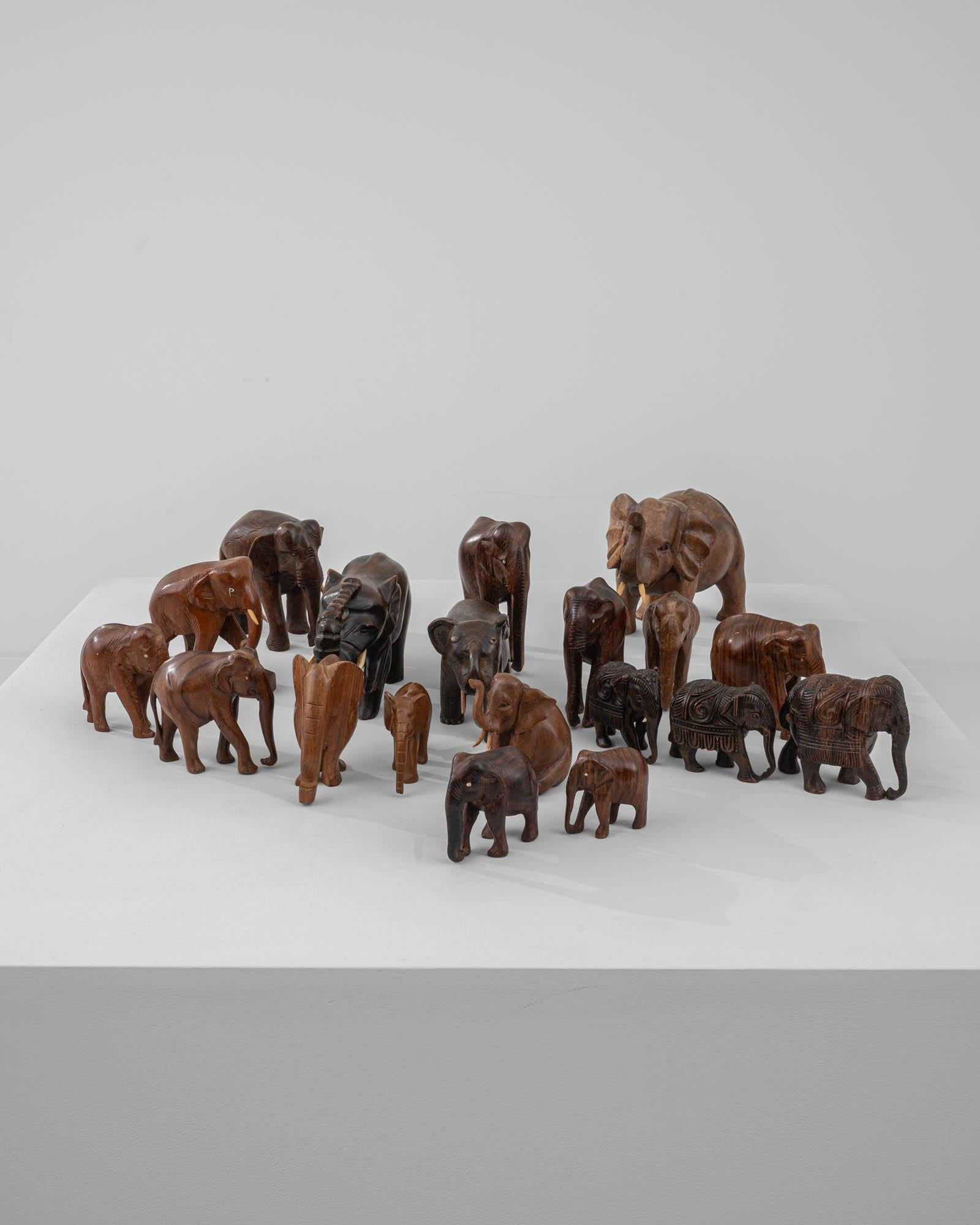 Chinoiserie 20th Century French Collection of Carved Wood Elephants, Set of 19 For Sale