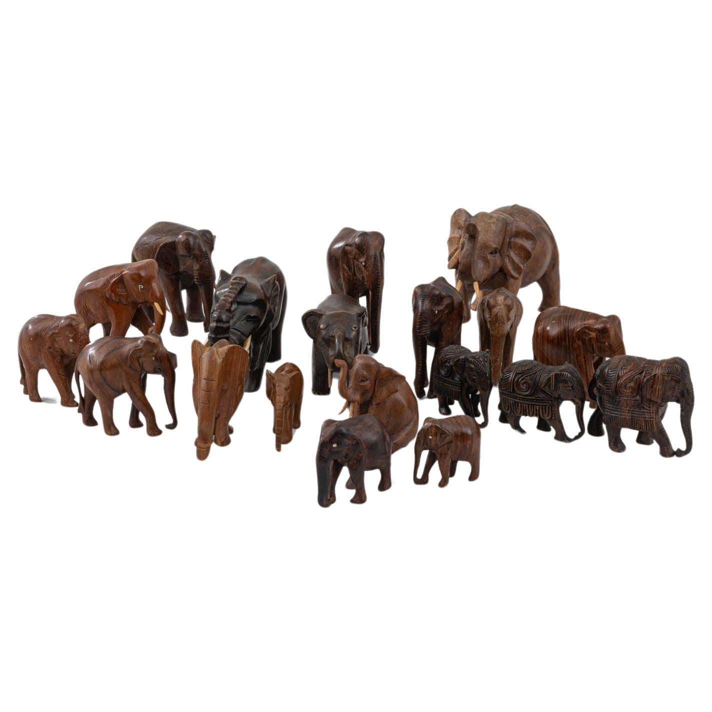 20th Century French Collection of Carved Wood Elephants, Set of 19