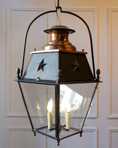 20th-Century French Copper and Iron Lantern with Star Motifs