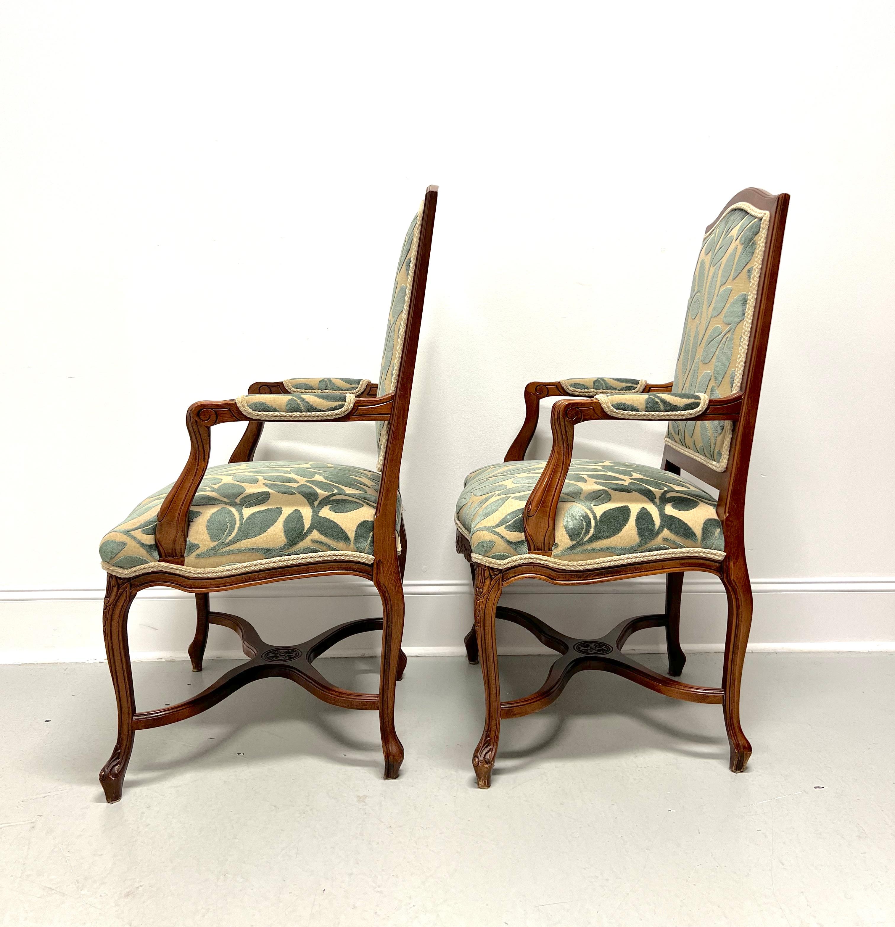 Fabric 20th Century French Country Louis XV Walnut Fauteuils Open-Arm Armchairs - Pair For Sale