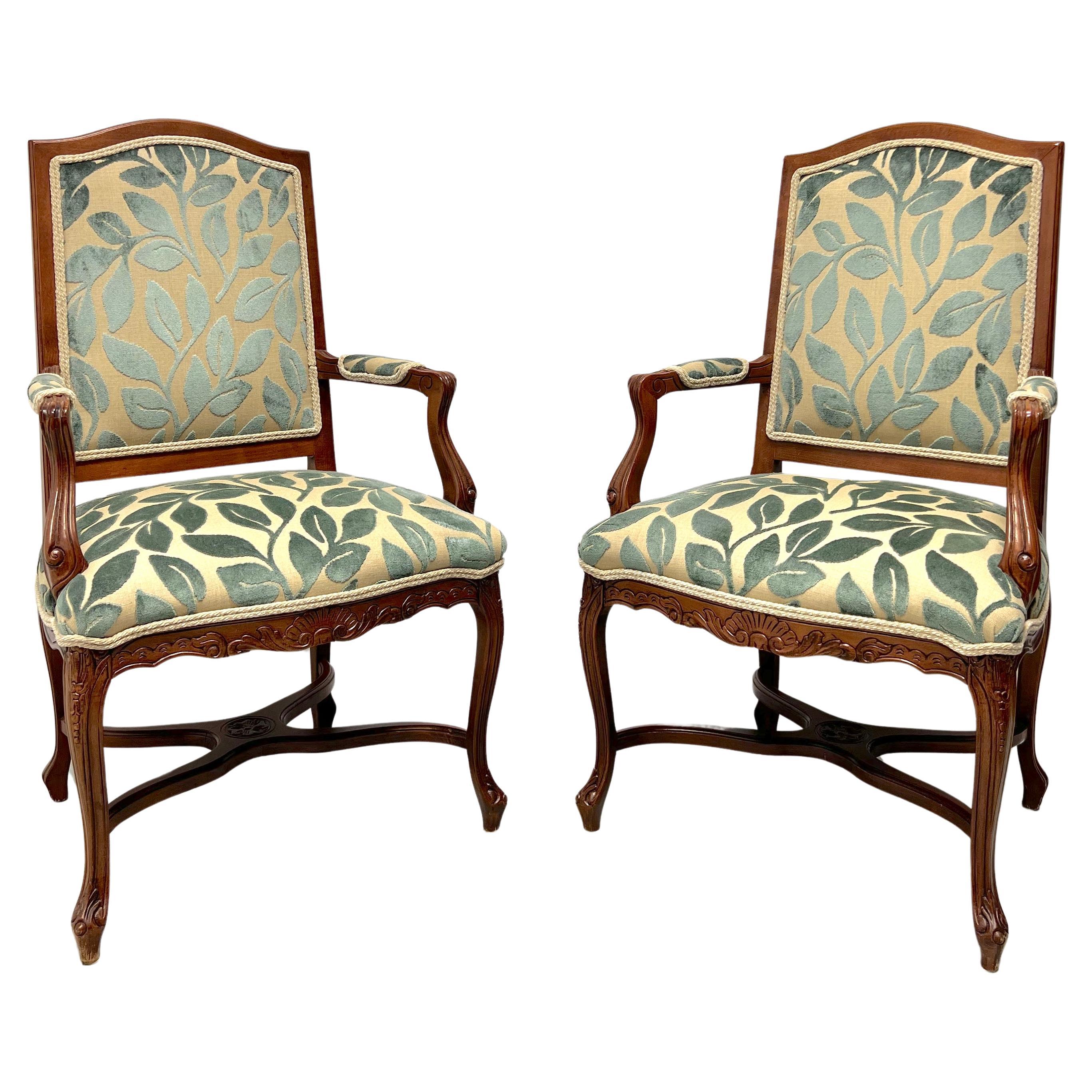 20th Century French Country Louis XV Walnut Fauteuils Open-Arm Armchairs - Pair